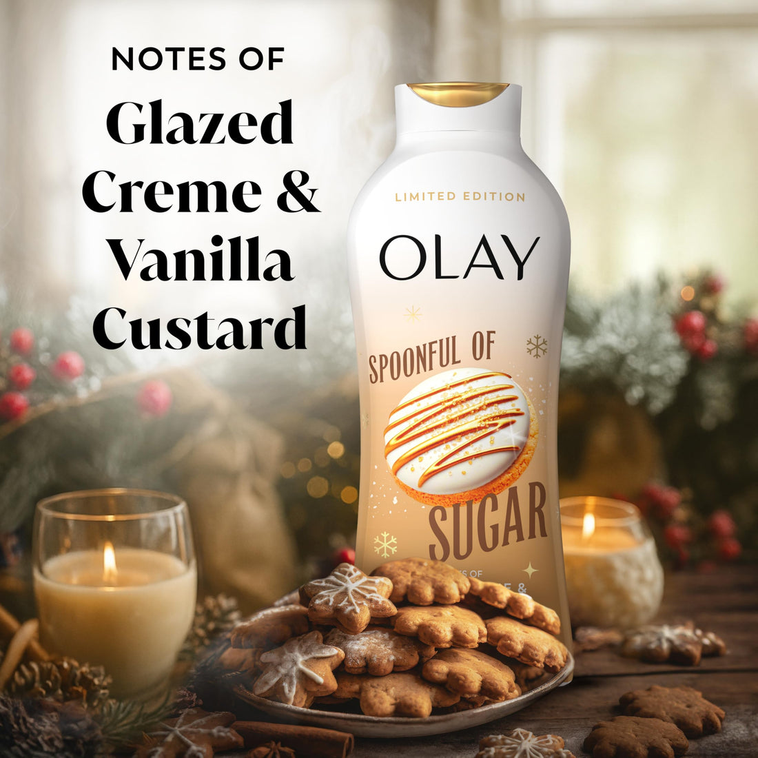 Olay Body Wash for Women, Hydrating & Moisturizing, Holiday Edition, With Plant Based Cleansers, B3 Complex, For All Skin Types, Spoonful of Sugar with Glazed Crème & Vanilla Custard Scent, 22 fl oz