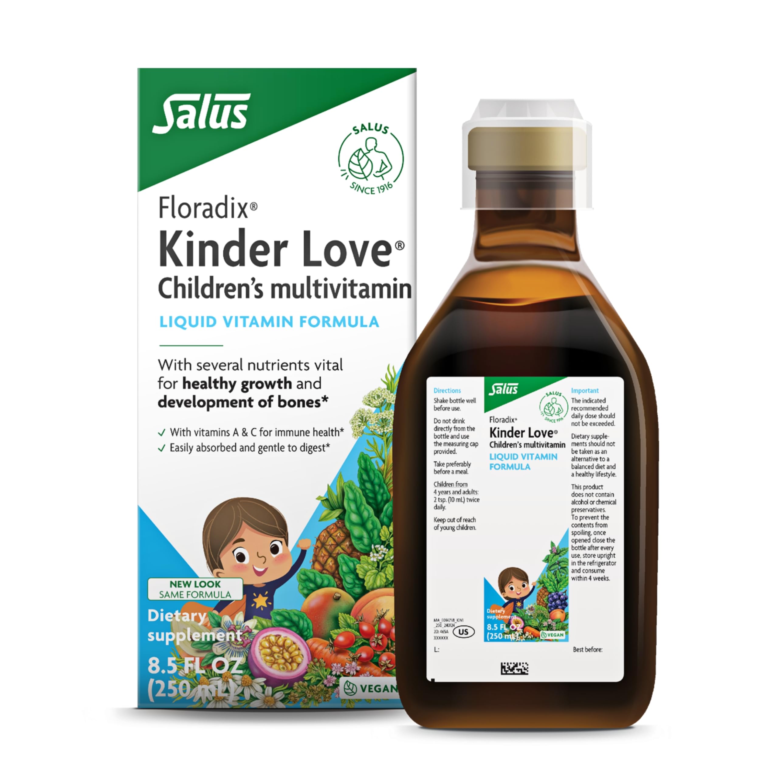 Floradix, Kinder Love Vegan Gluten-Free Children's Liquid Multivitamin for Healthy Development, 8.5 Fl Oz
