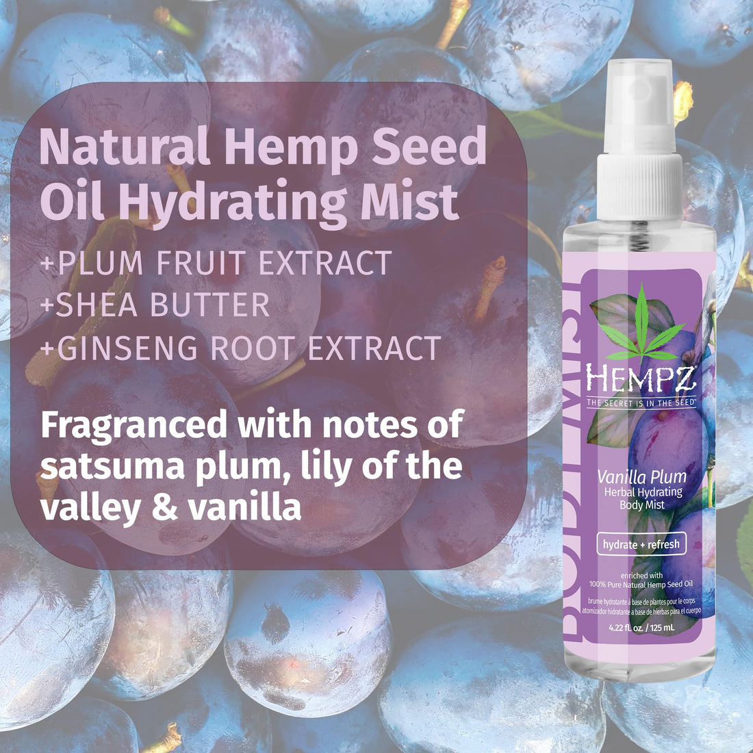 Hempz Body Mist Moisturizing Oil Spray - Vanilla Plum Refreshing Scent Hydrating 100% Hemp Seed Oil Spray for Face & Body, 4.22 Fluid Ounces