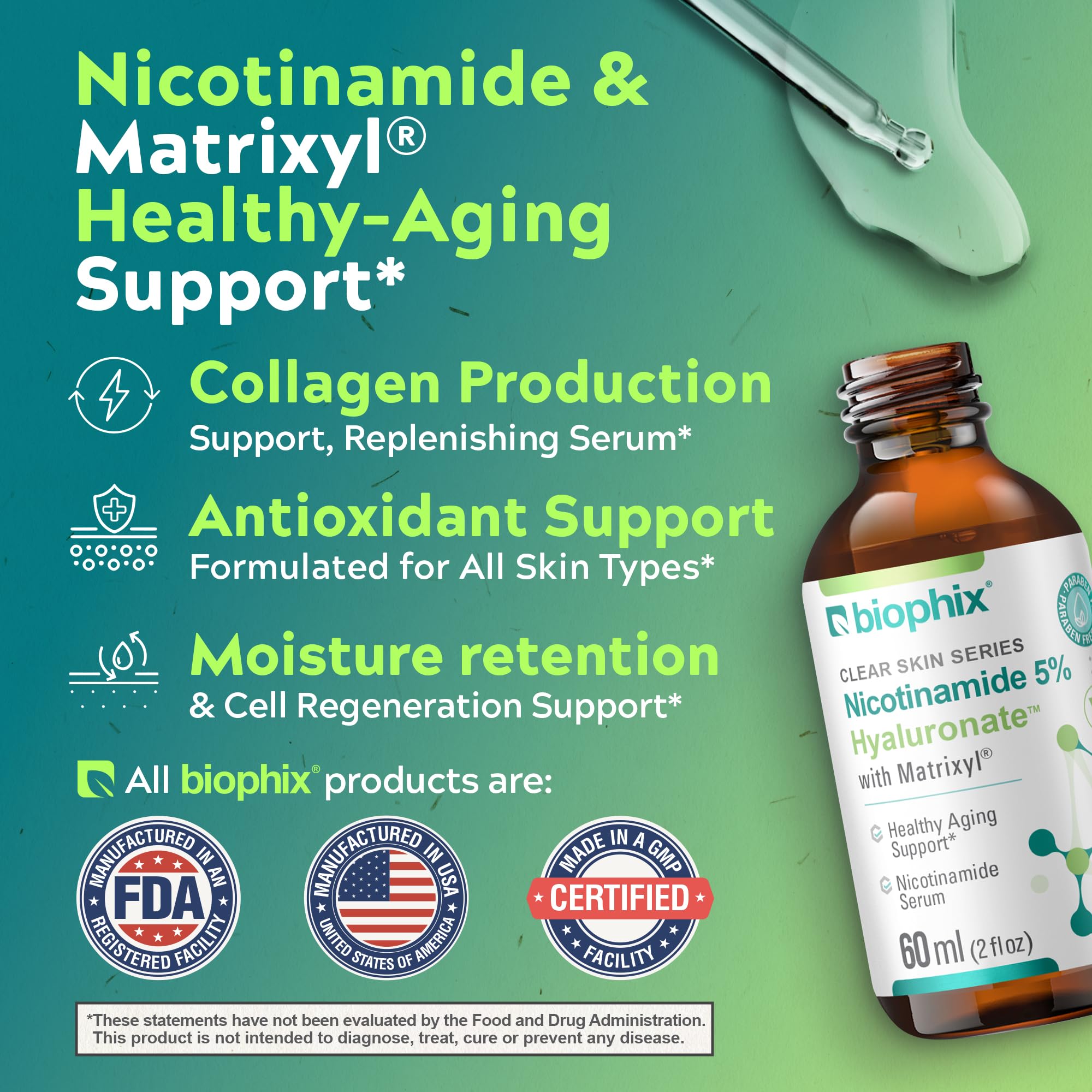 B-3 Nicotinamide Age-Defying Liquid Serum 2 oz - Hyaluronic Acid - Matrixyl ® - Supports Skin Health - Healthy Aging