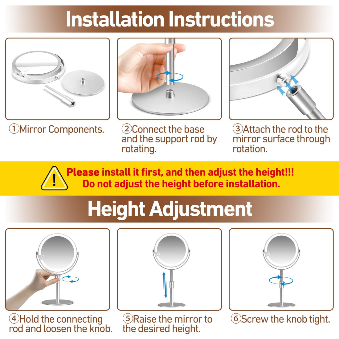 MOMOKUBA Magnifying Mirror with Light 20X, Height-Adjustable Lighted Makeup Mirror with Magnification, Double - Sided Aluminum Alloy LED Mirror, 3 Lighting Modes Ideal for Desk Bathroom Makeup, Silver