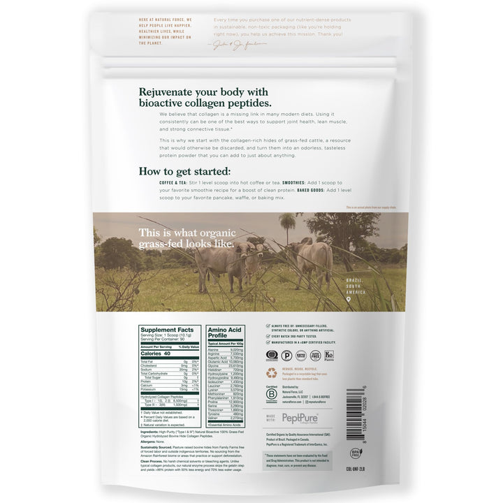 Natural Force Organic Clean Collagen Peptides Powder - USDA Certified Organic & Non-GMO, Keto & Paleo Certified - Hydrolyzed Type I & III Protein Powder with Essential Amino Acids – Unflavored, 32oz