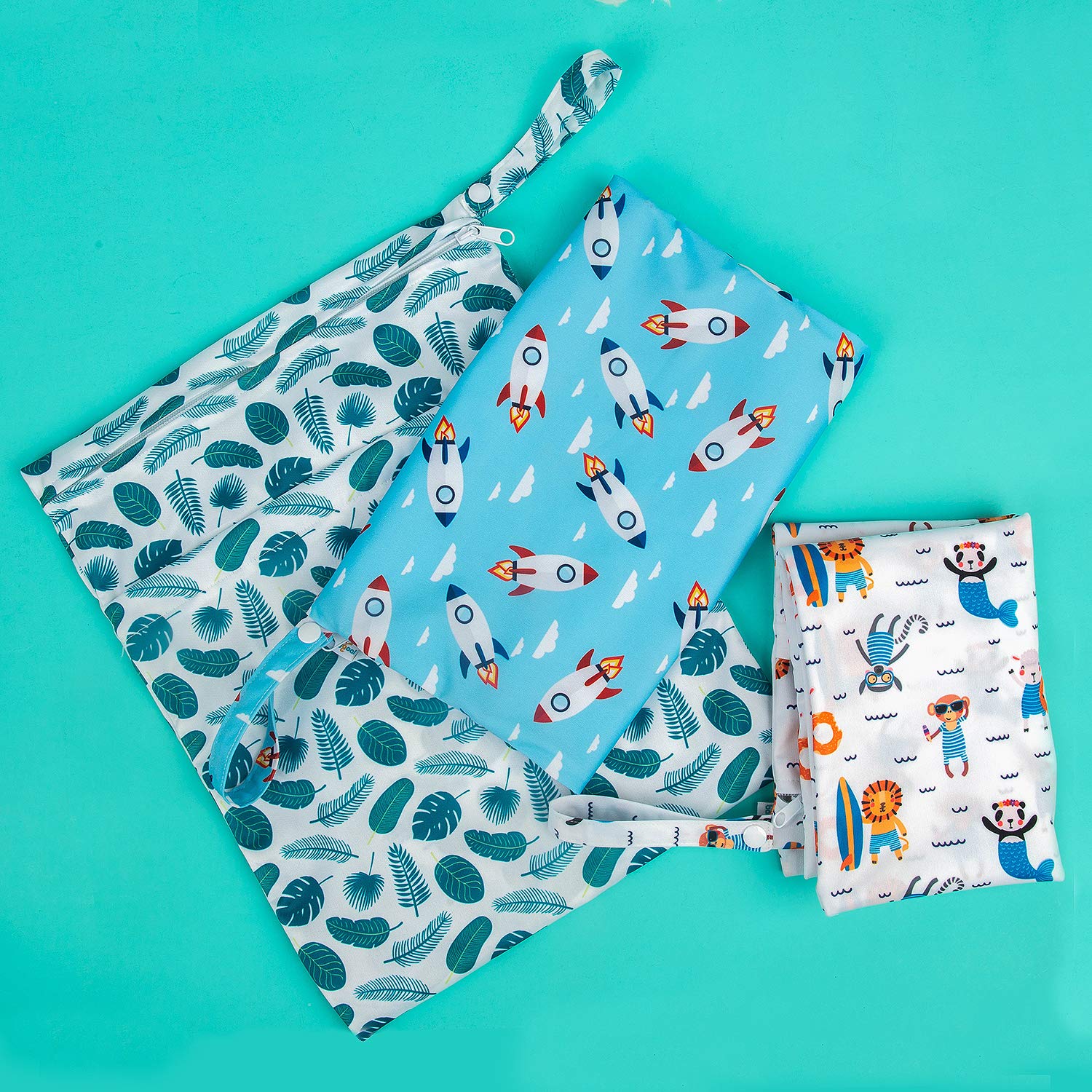 babygoal Wet Dry Bags for Baby Cloth Diapers, Washable Travel Bags, Beach, Pool, Gym Bag for Swimsuits & Wet Clothes with Two Zippered Pockets 3 Pack, 3LN12