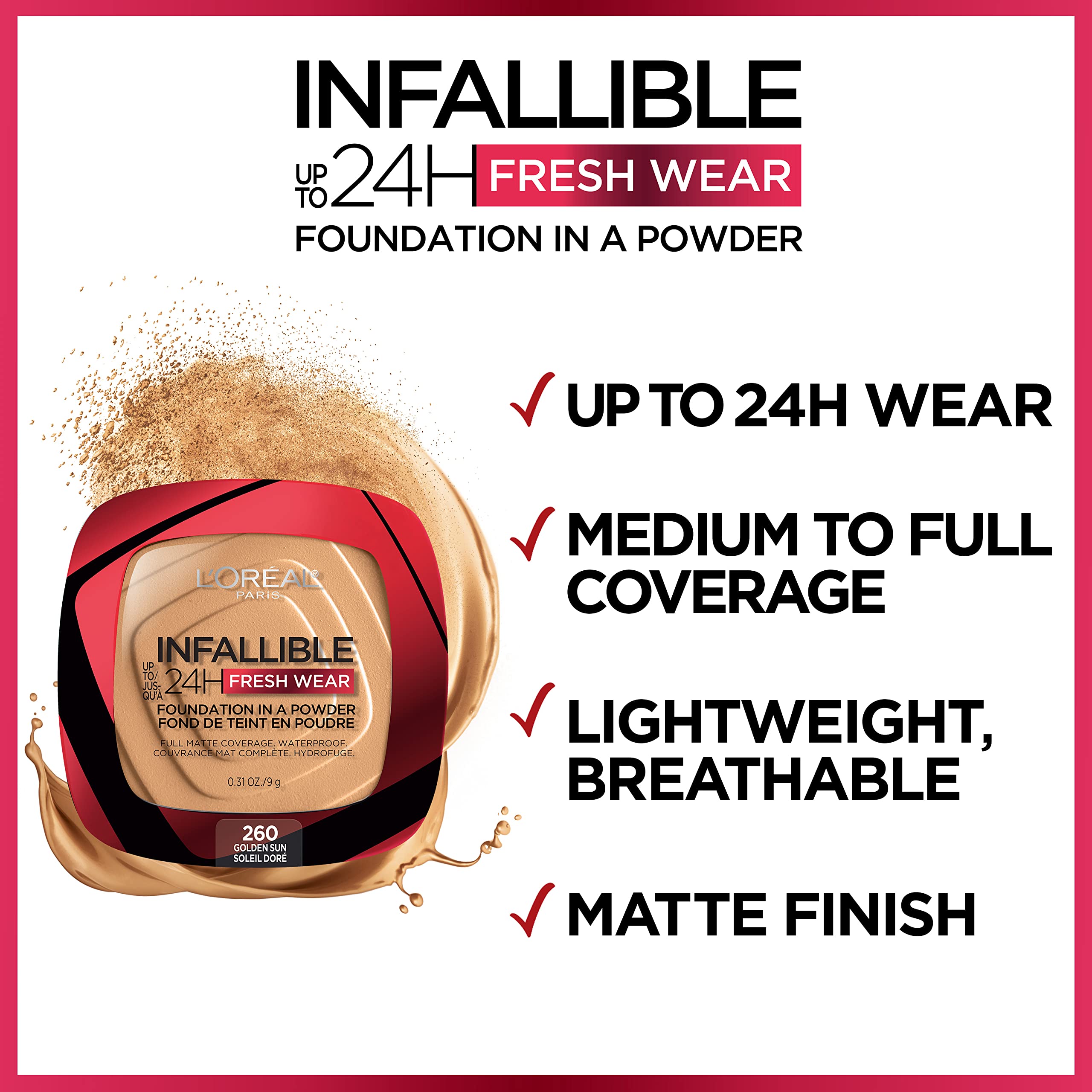 L'Oreal Paris Makeup Infallible Fresh Wear Foundation in a Powder, Up to 24H Wear, Waterproof, Vanilla, 0.31 oz.