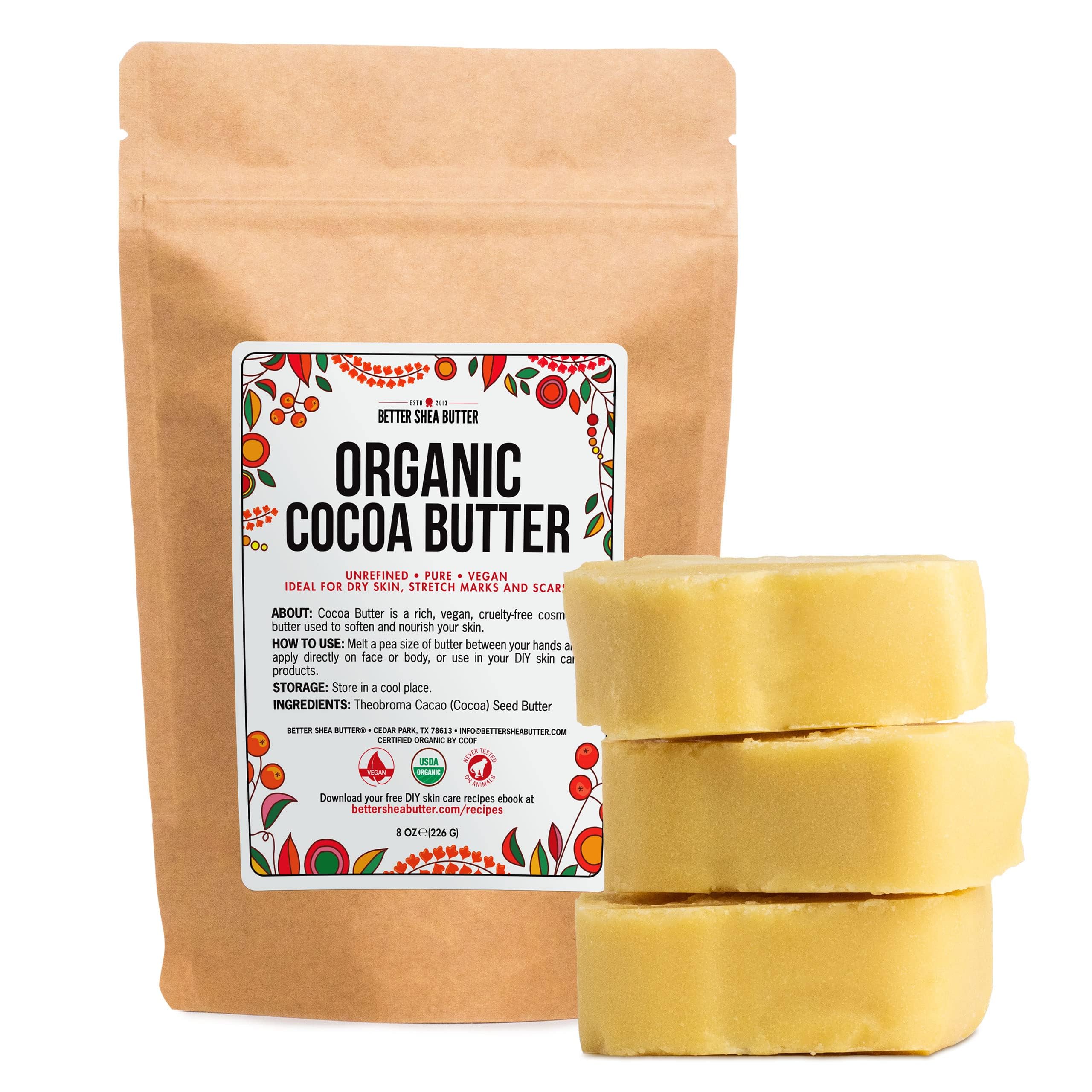 Organic Cocoa Butter Raw Unrefined - Food Grade USDA Certified - for Scars, Stretch Marks Cream - 100% Cocoa Butter Raw Organic for Skin Moisturizer, Lip Balm 8 oz
