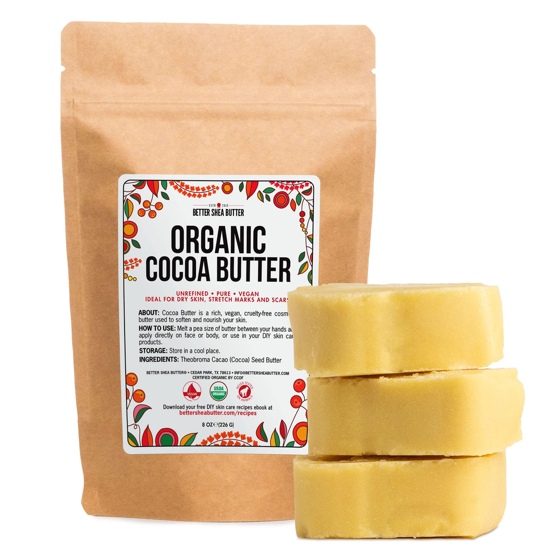 Organic Cocoa Butter Raw Unrefined - Food Grade USDA Certified - for Scars, Stretch Marks Cream - 100% Cocoa Butter Raw Organic for Skin Moisturizer, Lip Balm 8 oz