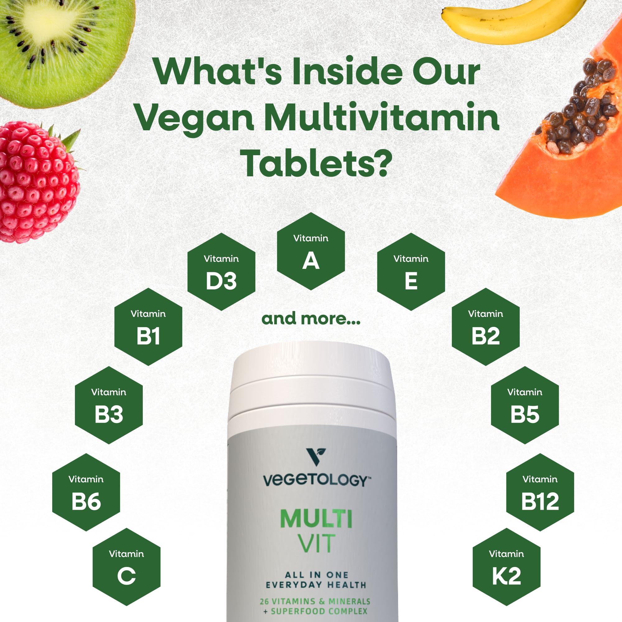 VEGETOLOGY MultiVit Vegan Multivitamin Supplement, 26 Vitamin & Minerals – Vitamin Supplements for Metabolic, Brain Function & Immune Support – Multivitamin for Women, Men & Children