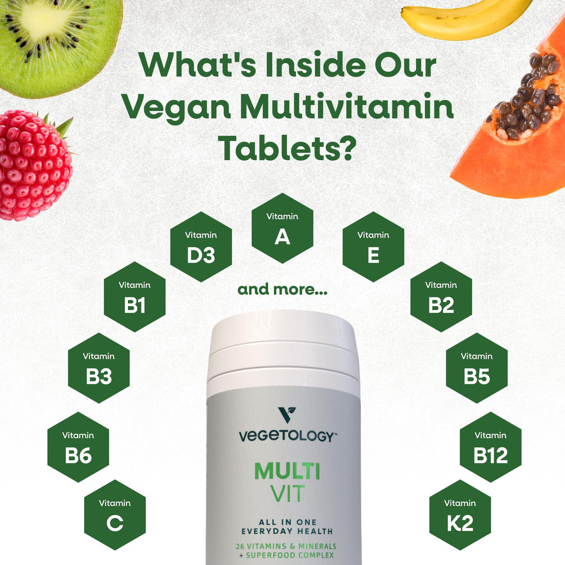VEGETOLOGY MultiVit Vegan Multivitamin Supplement, 26 Vitamin & Minerals – Vitamin Supplements for Metabolic, Brain Function & Immune Support – Multivitamin for Women, Men & Children
