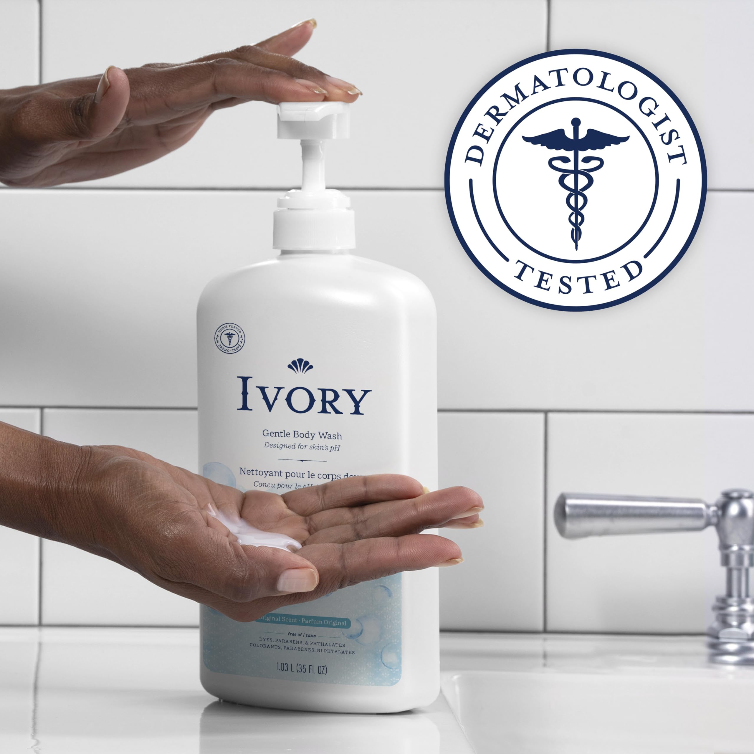 Ivory Body Wash, Designed for the Whole Family, Gentle Formula, Free of Dyes Heavy Perfumes Parabens Phthalates & Silicones, Original Scent, 35 oz
