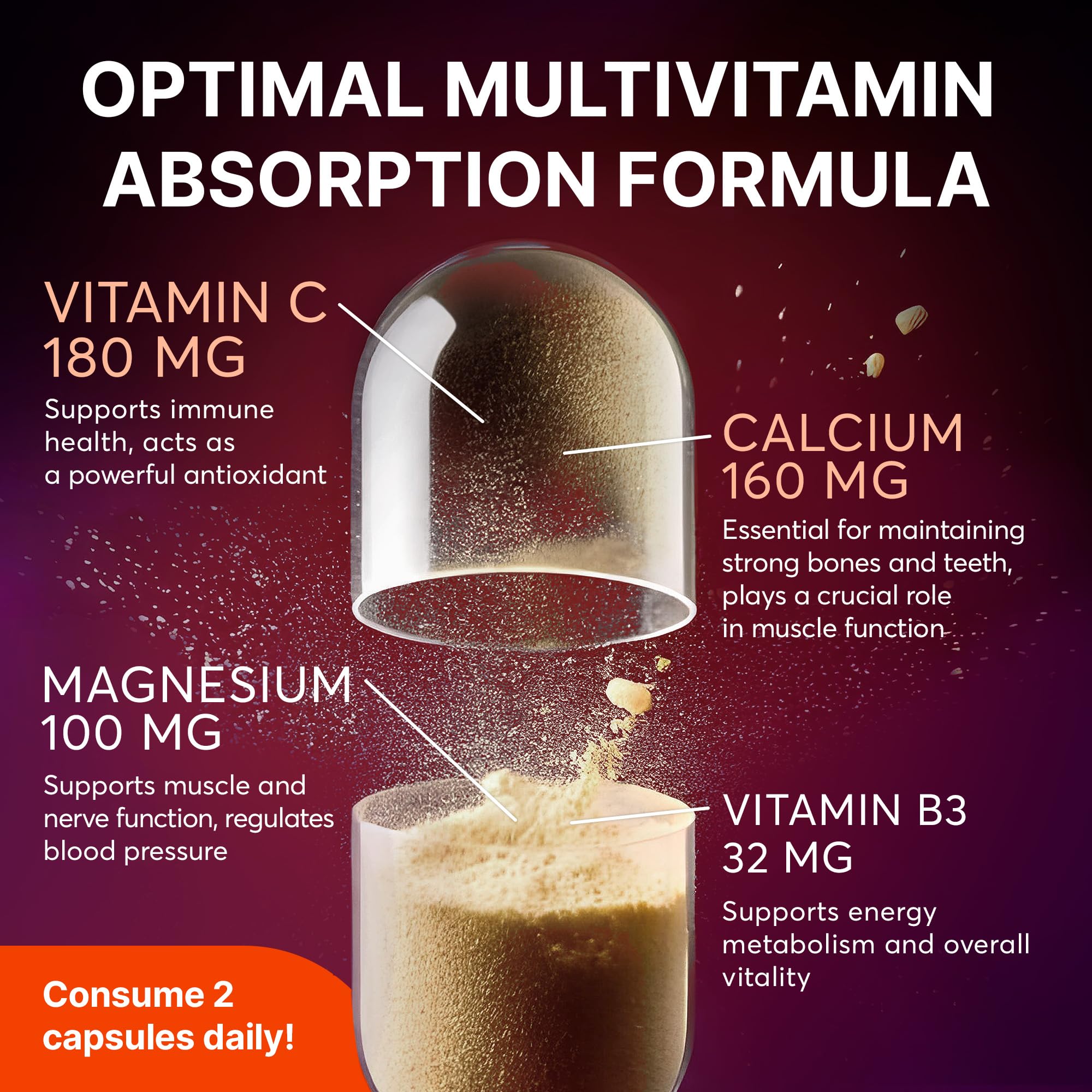 Multivitamin Supplement | Complex with Vitamin A, C, D, E, K1, B, Zinc & Chromium | Hair, Skin & Nail Beauty Vitamins | Immune Support Supplements for Men & Women | 60 Capsules