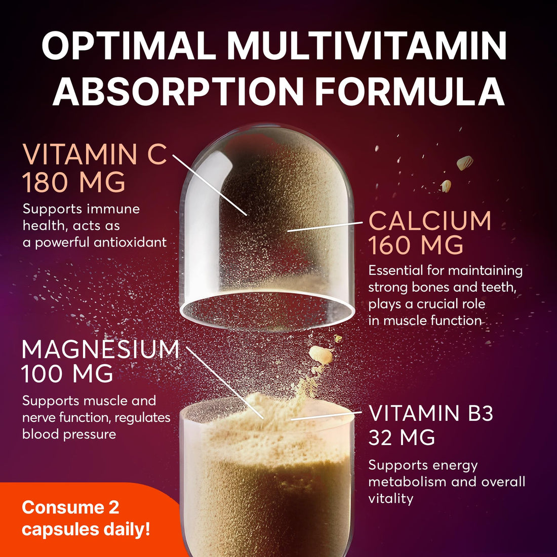 Multivitamin Supplement | Complex with Vitamin A, C, D, E, K1, B, Zinc & Chromium | Hair, Skin & Nail Beauty Vitamins | Immune Support Supplements for Men & Women | 60 Capsules