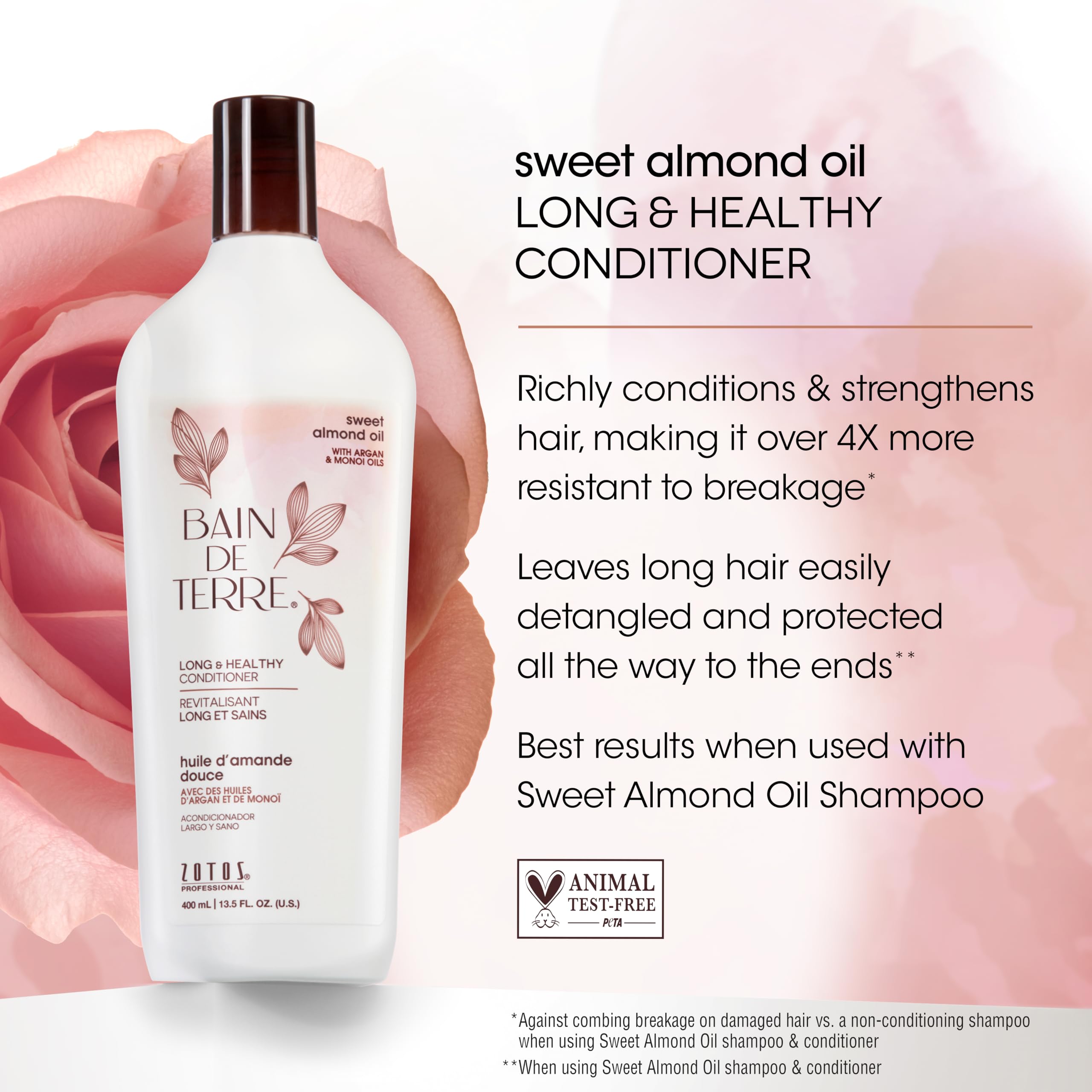 Bain de Terre Sweet Almond Oil Long & Healthy Conditioner, Strength & Protection for Weak, Damaged Hair, with Argan & Monoi Oils, Paraben-Free, Color-Safe, Vegan, 13.5 Fl Oz