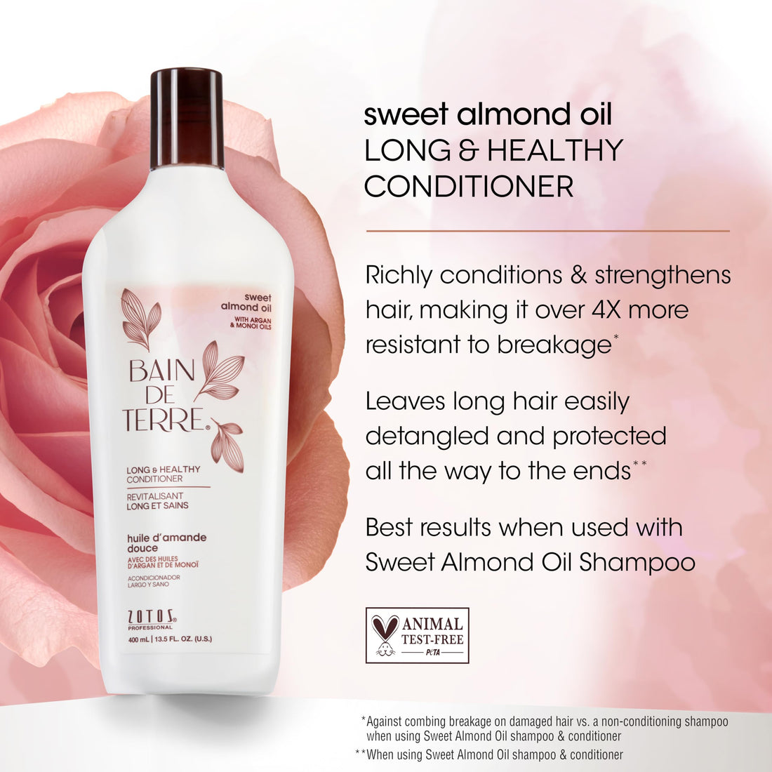 Bain de Terre Sweet Almond Oil Long & Healthy Conditioner, Strength & Protection for Weak, Damaged Hair, with Argan & Monoi Oils, Paraben-Free, Color-Safe, Vegan, 13.5 Fl Oz