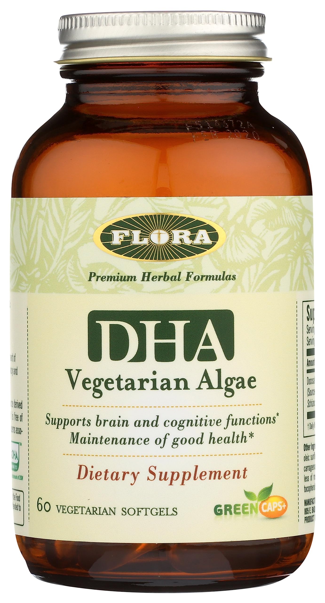 Flora - Premium DHA Vegetarian Algae GreenCaps, Supports Brain and Cognitive Function, Gluten Free, Unrefined Medium-Chain Triglycerides No GMOs, 60 Vegetarian Softgels