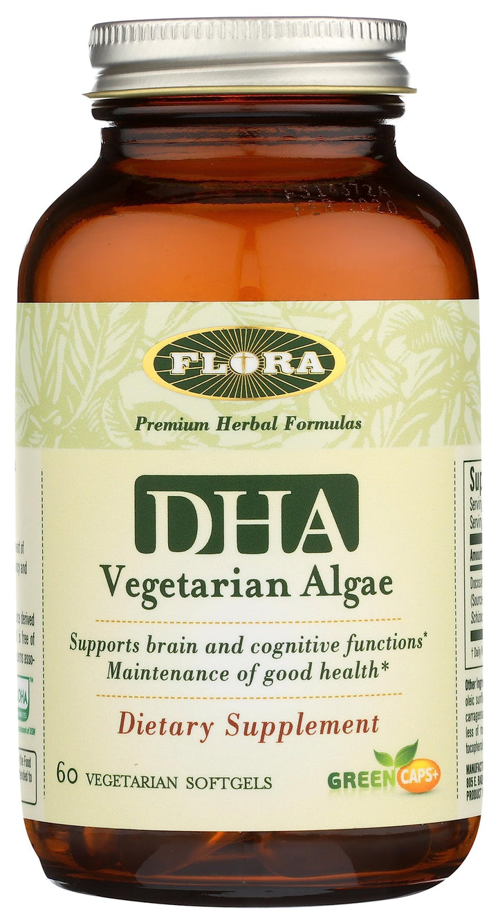 Flora - Premium DHA Vegetarian Algae GreenCaps, Supports Brain and Cognitive Function, Gluten Free, Unrefined Medium-Chain Triglycerides No GMOs, 60 Vegetarian Softgels