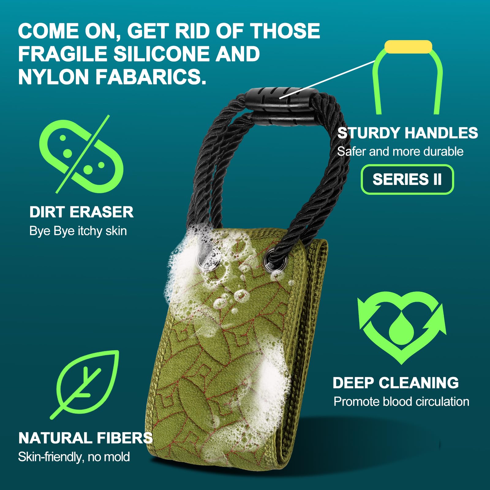 dodiff Exfoliating Back Scrubber for Use in Shower, 38.5 Inch Back Washer with Handles, Dual-Sided Body Exfoliator for Daily & Deep Skin Cleaning, Bath Back Scrub Washcloth for Men & Women (Green)