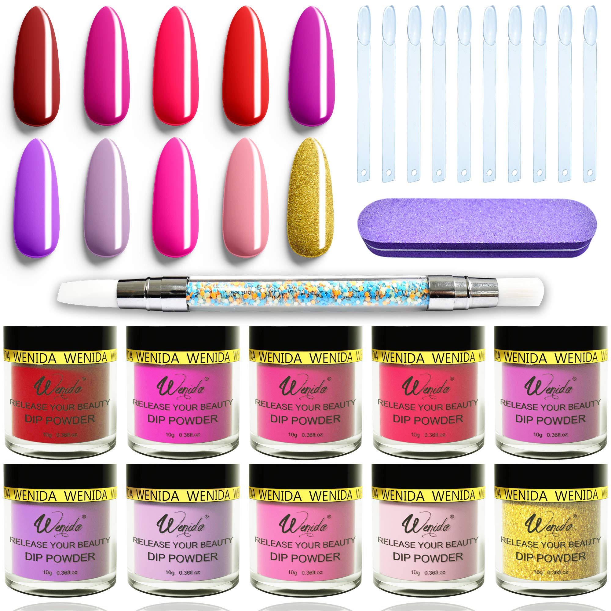 Dipping Nail Powder Wenida 10 Colors Red Burgundy Gold Glitter Purple Festival French Manicure Nail Art Set with Silicone Brush Nail Grit File 10 pcs False Nails