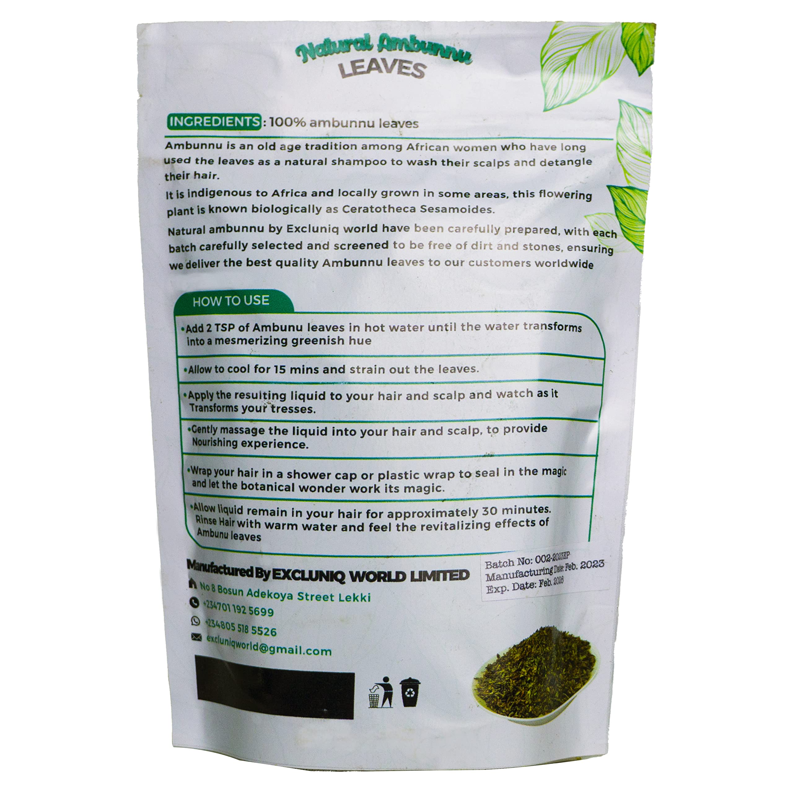 Natural Ambunnu Leaves by Excluniq World 50g pack | Herbal Hair Detangler, Shampoo & Conditioner for Dry and Damaged Hair | African Traditional Scalp & Hair Care Remedy for Everyone. 1.80 Ounce Pack