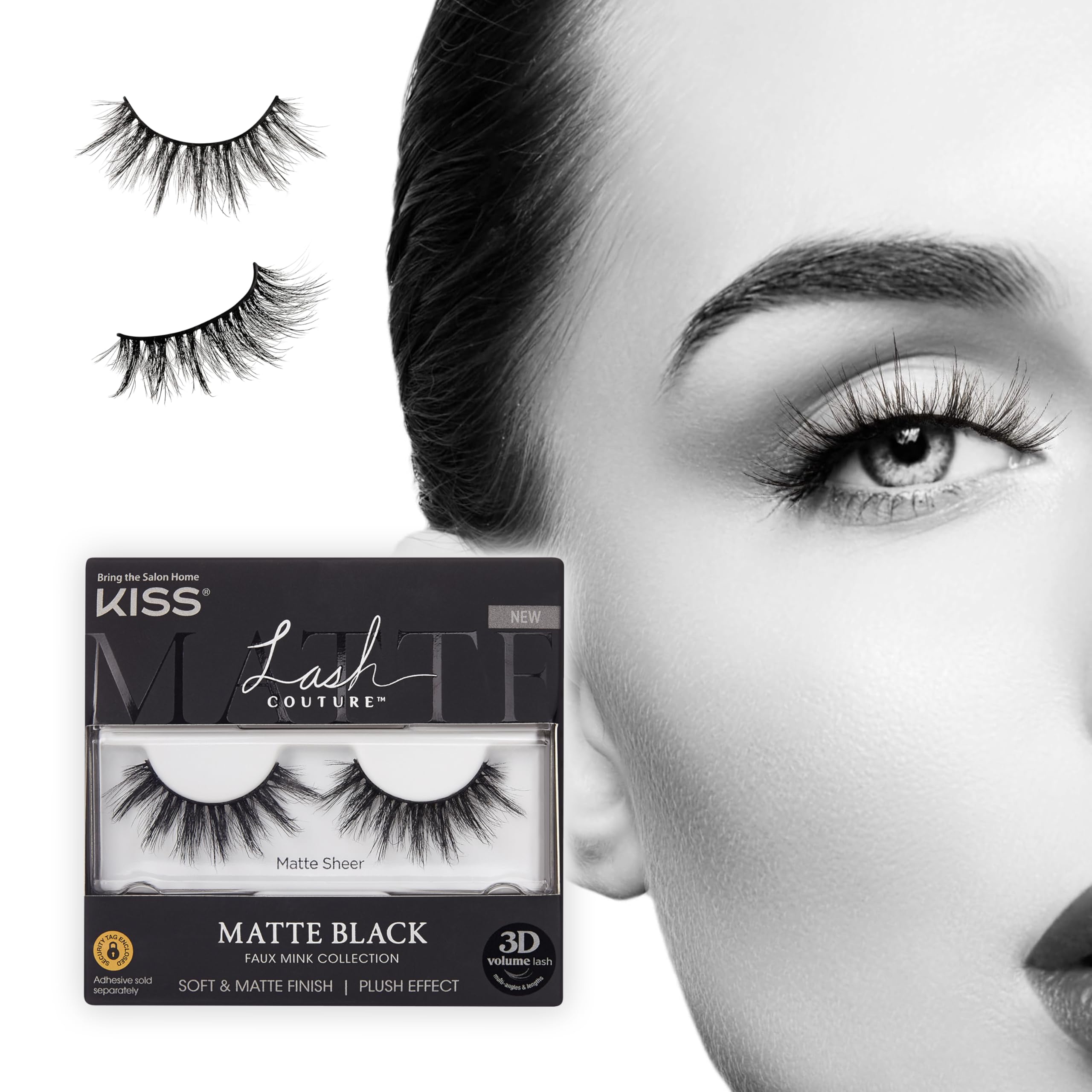 KISS Lash Couture Matte Black Faux Mink Collection, False Eyelashes 1-Pack, Soft Real Mink Texture & Matte Finish, High Impact Color, 3D Volume, Knot-Free Lash Band, Reusable, Matte Sheer, 1 Pair