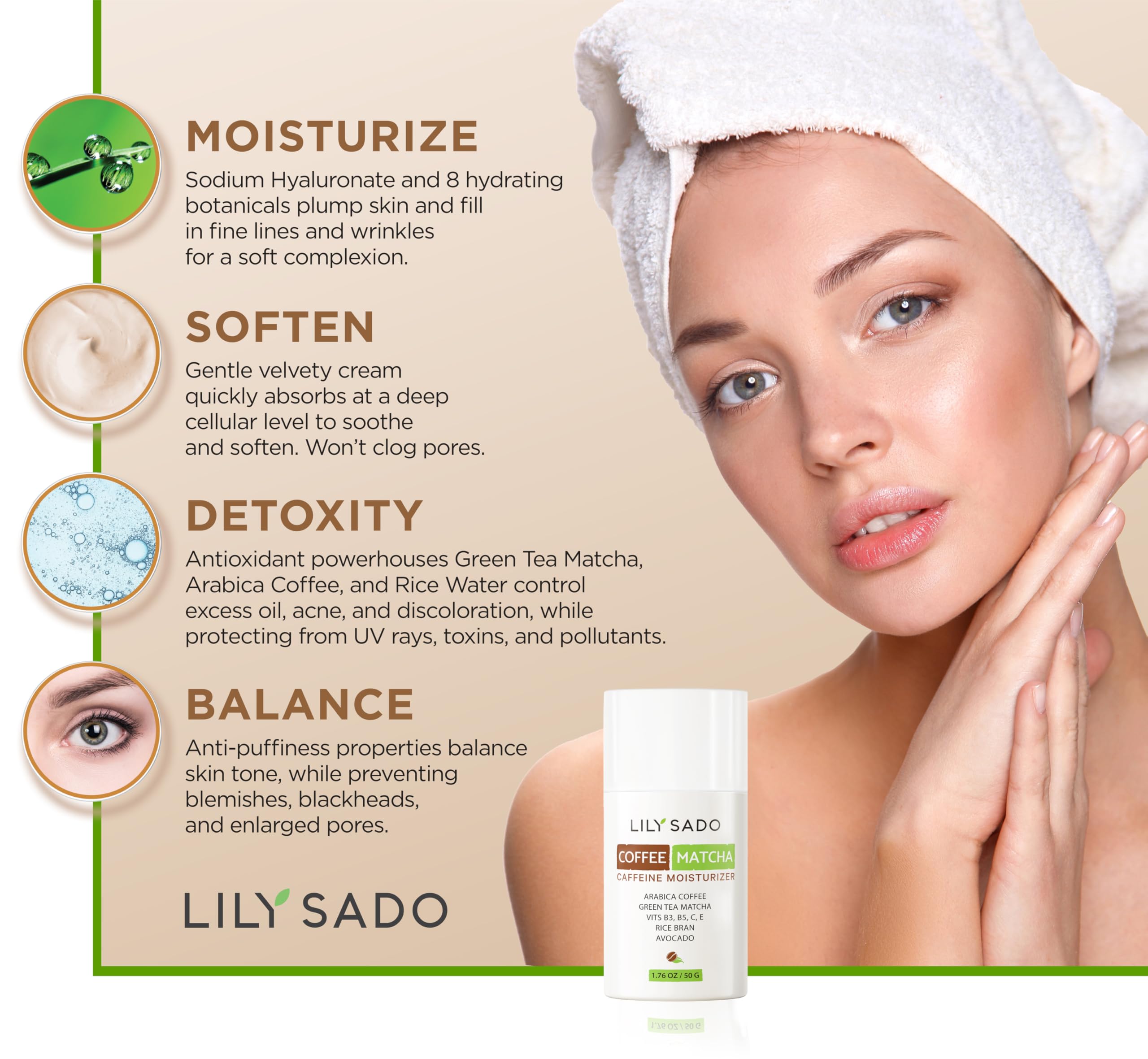 LILY SADO TEA+C™ Coffee & Matcha Face Moisturizer - Natural Vegan Caffeine Facial Cream w Green Tea & Arabica Coffee Beans - Best Antioxidant, Anti-Wrinkle Moisturizing Lotion - Softens & Firms