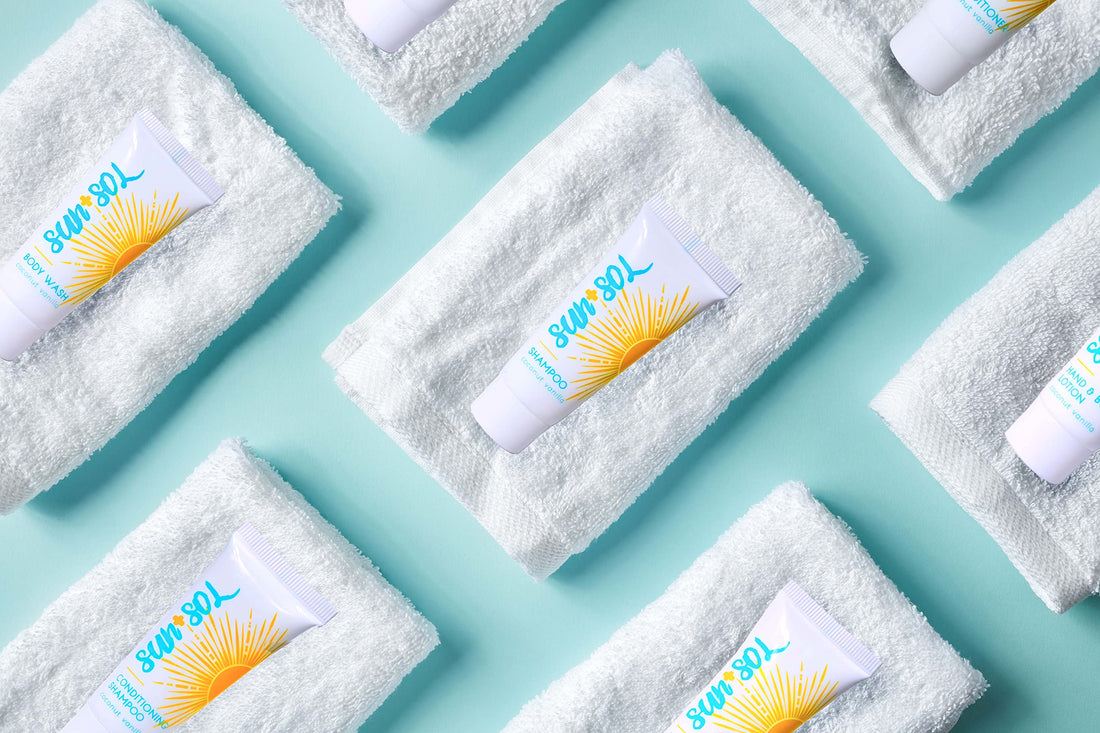 Sun + Sol Bulk Refreshing Soap Bar With Warm Coconut & Vanilla Fragrances, Sachet Wrapped Travel Size Toiletries, Mini Hotel Amenities, 1 oz, 100 Count