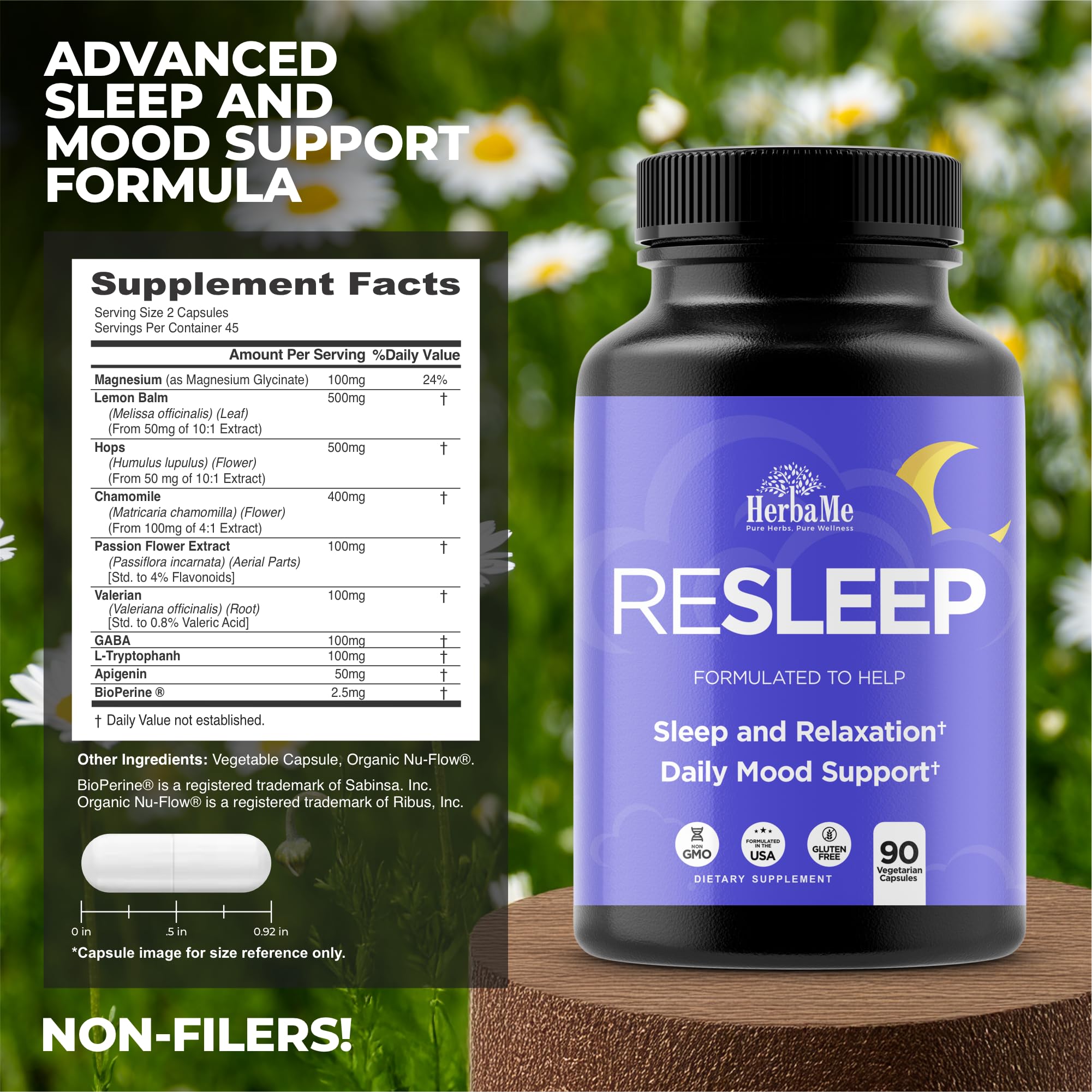 HerbaMe Sleep Aid Support Supplement - Melatonin Free Formula with Magnesium, Valerian, Chamomile, Apigenin, Helps Restful Sleep and Relaxation, No Grogginess Sleeping Pills