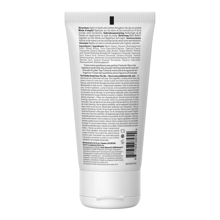 Yes To Avocado Fragrance Free Daily Hand Cream 3 Oz, 2 Pack + Dry Skin + Hydrate and Nourish Skin + Avocado Oil and Hyaluronic Acid + Vegan + 96 Natural Ingredients