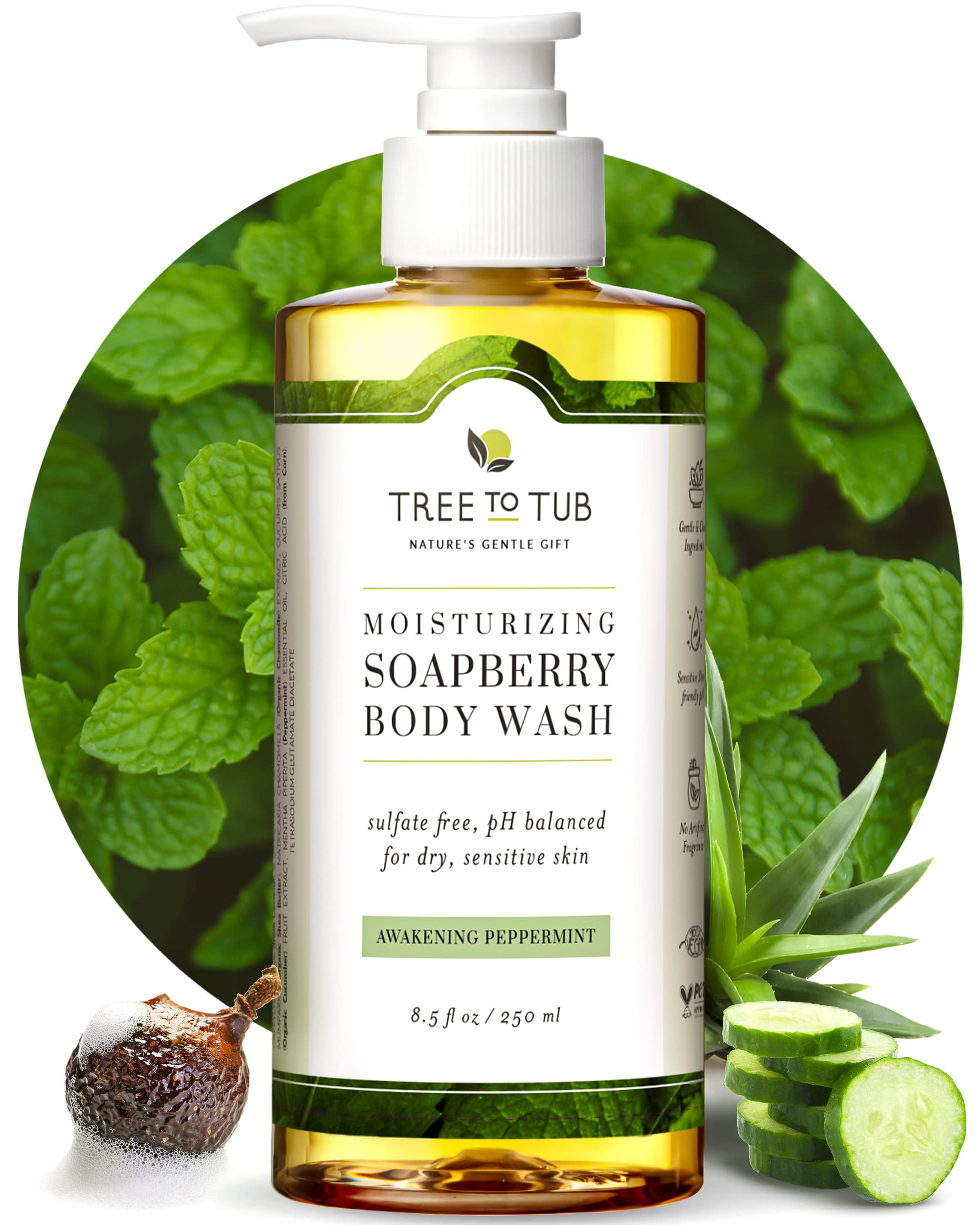Organic Peppermint Body Wash for Oily Skin. The Only pH 5.5 Balanced Acne Body Wash for Sensitive Skin ââ‚¬â€œ Antibacterial & Antifungal Soap for All Skin Types, with Wild Soapberries 8.5 ozââ‚¬â€