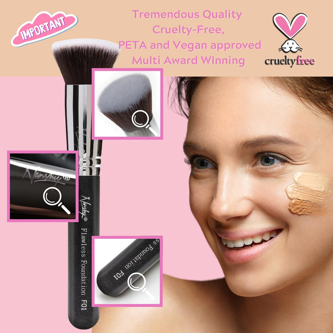 F02 Flat Top, Onyx Black : Nanshy Flat Fop Foundation Kabuki Makeup Brush - Flawless HD Application Blending of Liquid or Cream - Onyx Black