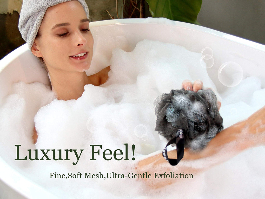 Large 70g Luxury Shower Pouf, Bath Sponge, Mesh Loofah Body Scrubber - Infused with Activated Charcoal, for Bath and Shower, Gentle Exfoliation and Lots of Lather, 3 Pack