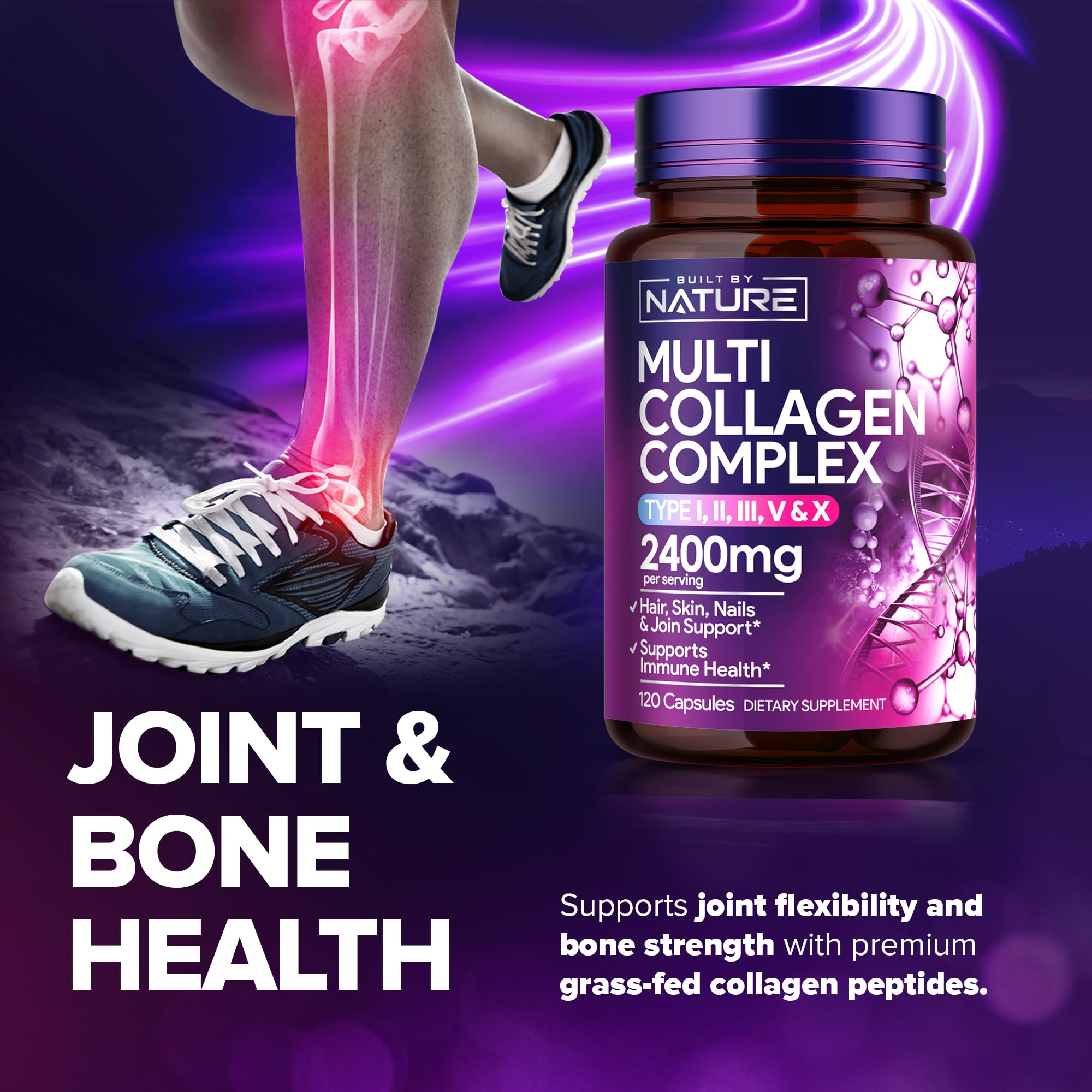 Built by Nature Collagen Pills – Multi Collagen Peptides Complex Supplement for Women – Type I, II, III, V, X for Hair, Skin, Nails, Joints & Bone Health - Hydrolyzed, Grass-Fed - 120 Capsules