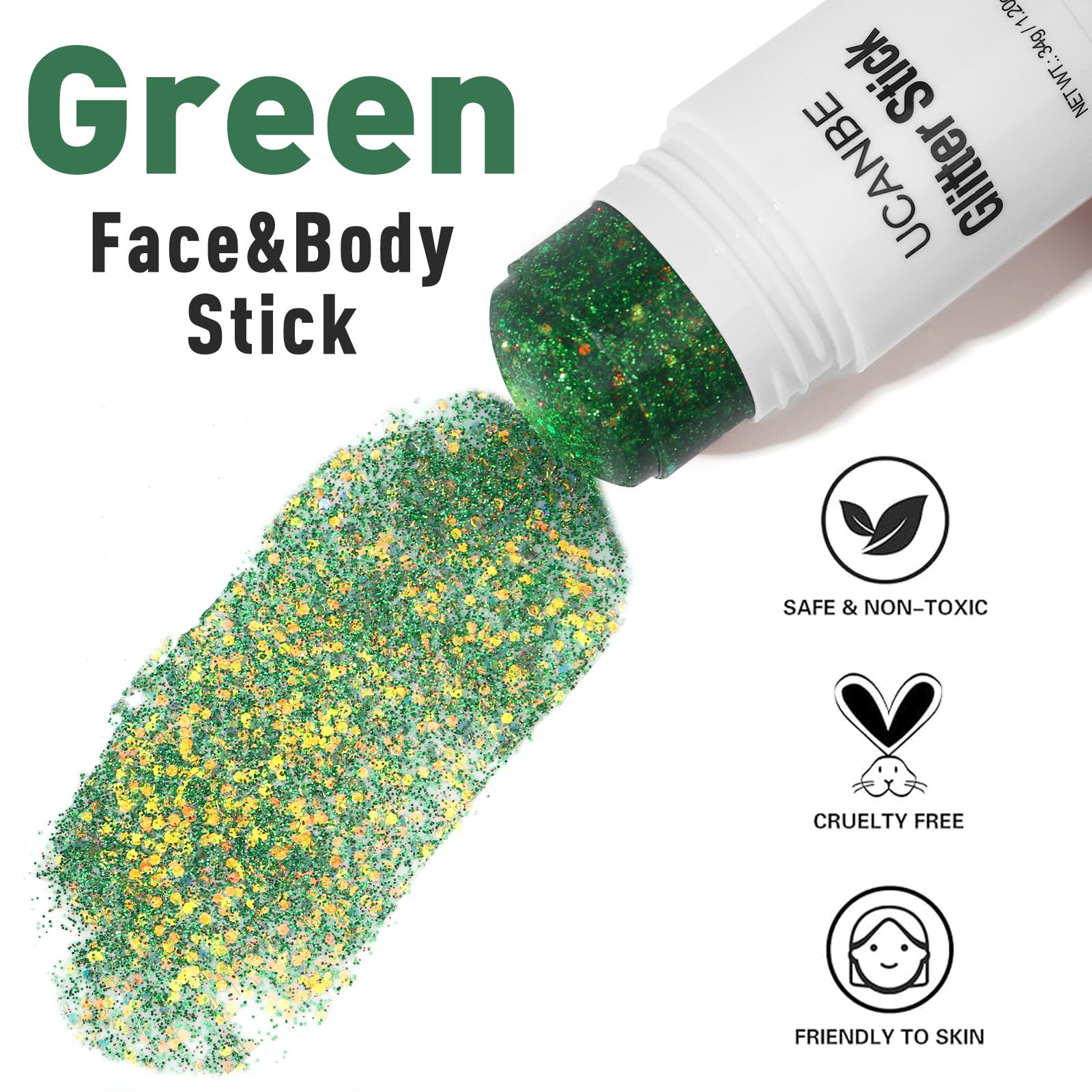 UCANBE Green Body Glitter Stick for Singer Concerts Music Festivals, Face Glitter Makeup for Face Body Hair Eyes & Lips, Chunky Glitter Sparkling Mermaid Sequins for Women 1.2OZ