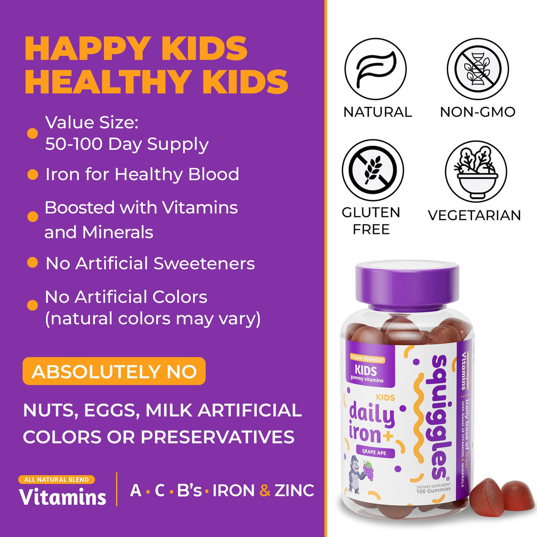 Squiggles Kids Daily Iron+ Gummies - Gummy Vitamin, Low Sugar, Boost of Vitamins, Minerals and Iron, Vegan Supplement, Chewy, Yummy Grape Flavor, 100 Count