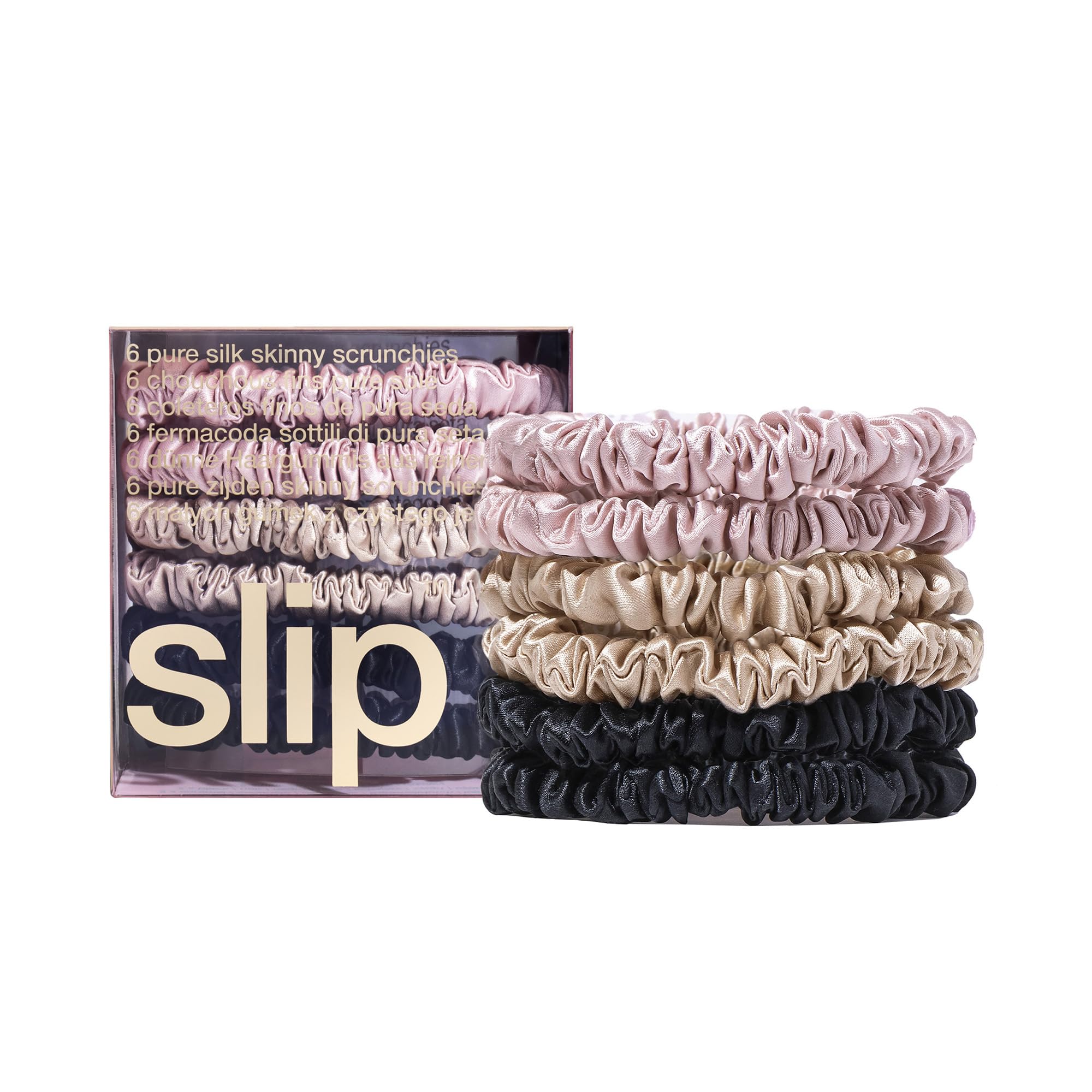 Slip Silk Skinnies Scrunchie Set - Black, Pink, Caramel - Slipsilk Pure Mulberry 22 Momme Silk Hair Tie, Designed to be Gentle & Avoid Hair Crease (6 Scrunchies)