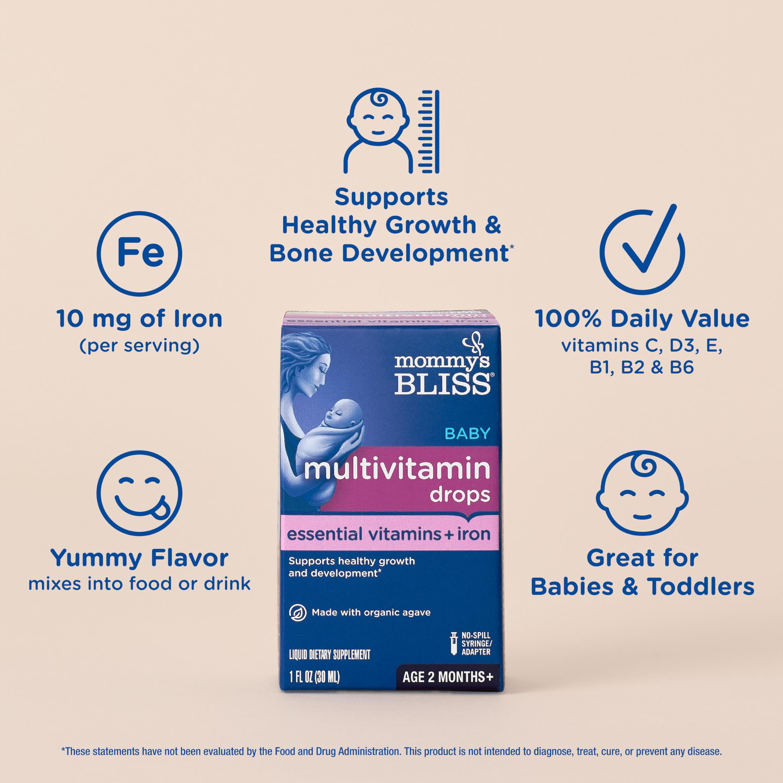 Mommy's Bliss Baby Multivitamin + Iron, Daily Essential Vitamins for Immune Support, Healthy Growth & Bone Development*, Age 2 Months+, 30 ml, Liquid