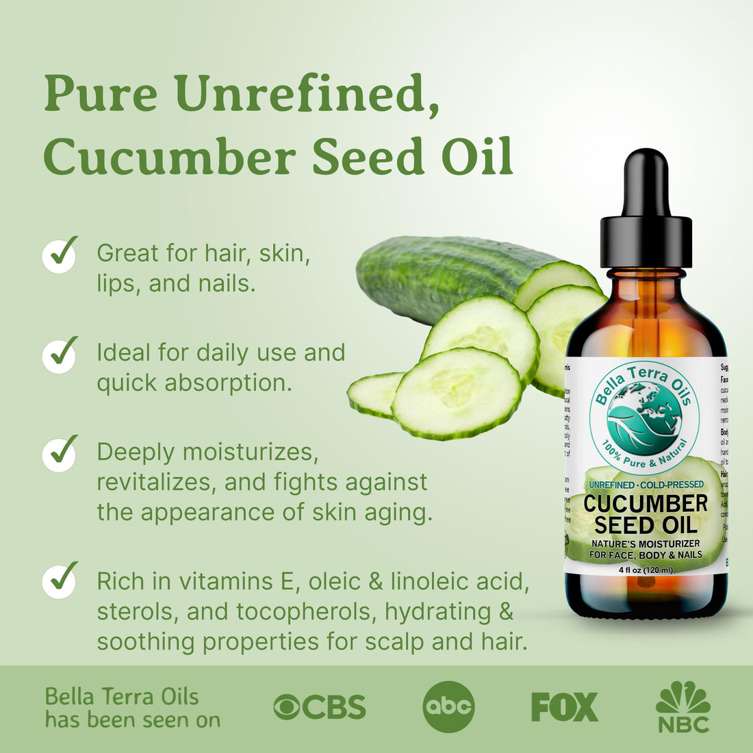 Bella Terra Oils - Cucumber Seed Oil 4 oz - Embrace the Essence of Cucumber, Rich in Linoleic Acid & Phytosterols, Elevate Your Face and Skin Routine