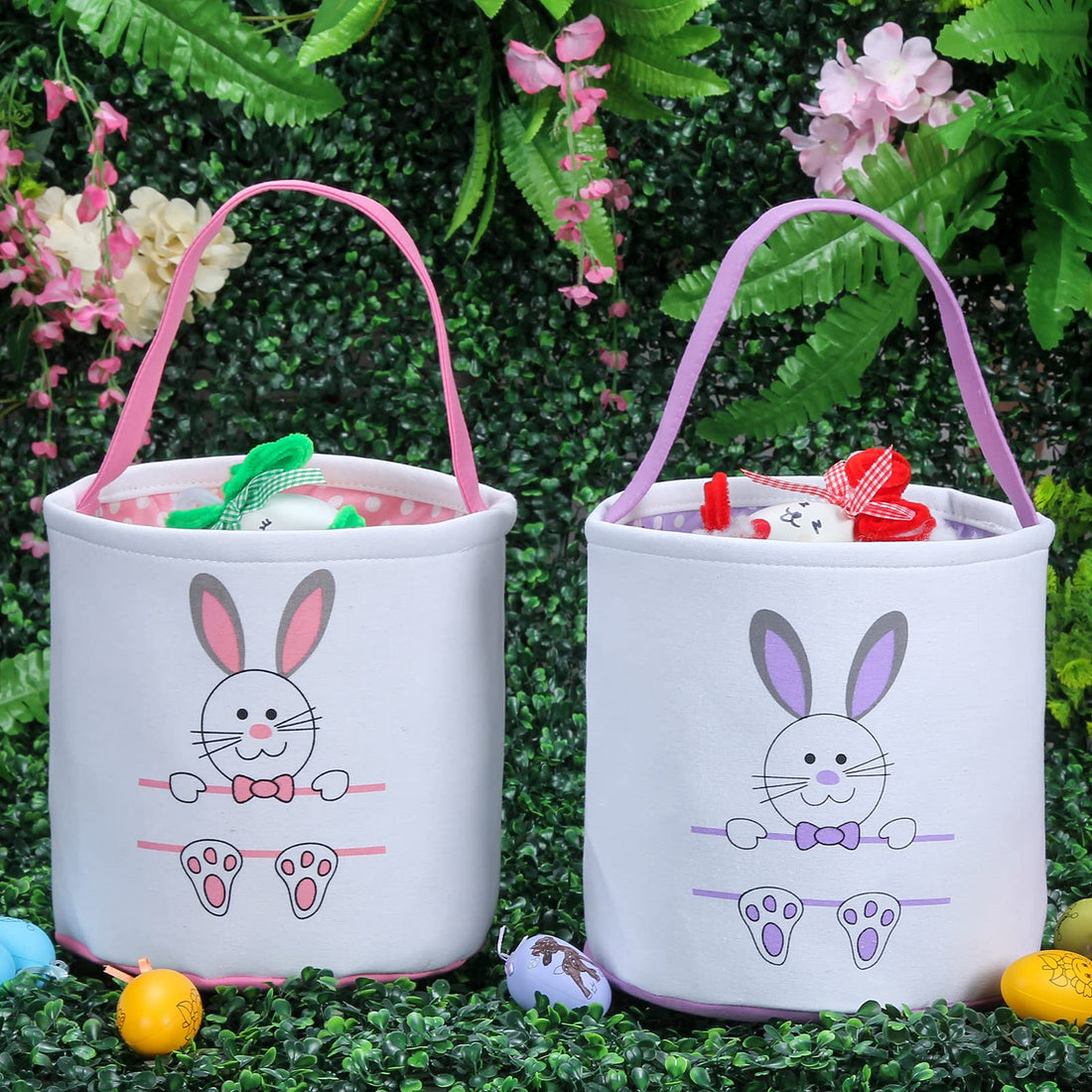 Easter Bunny Basket Egg Bags for Kids,Canvas Cotton Personalized Candy Egg Basket Rabbit Print Buckets with Fluffy Tail Gifts Bags for Easter……