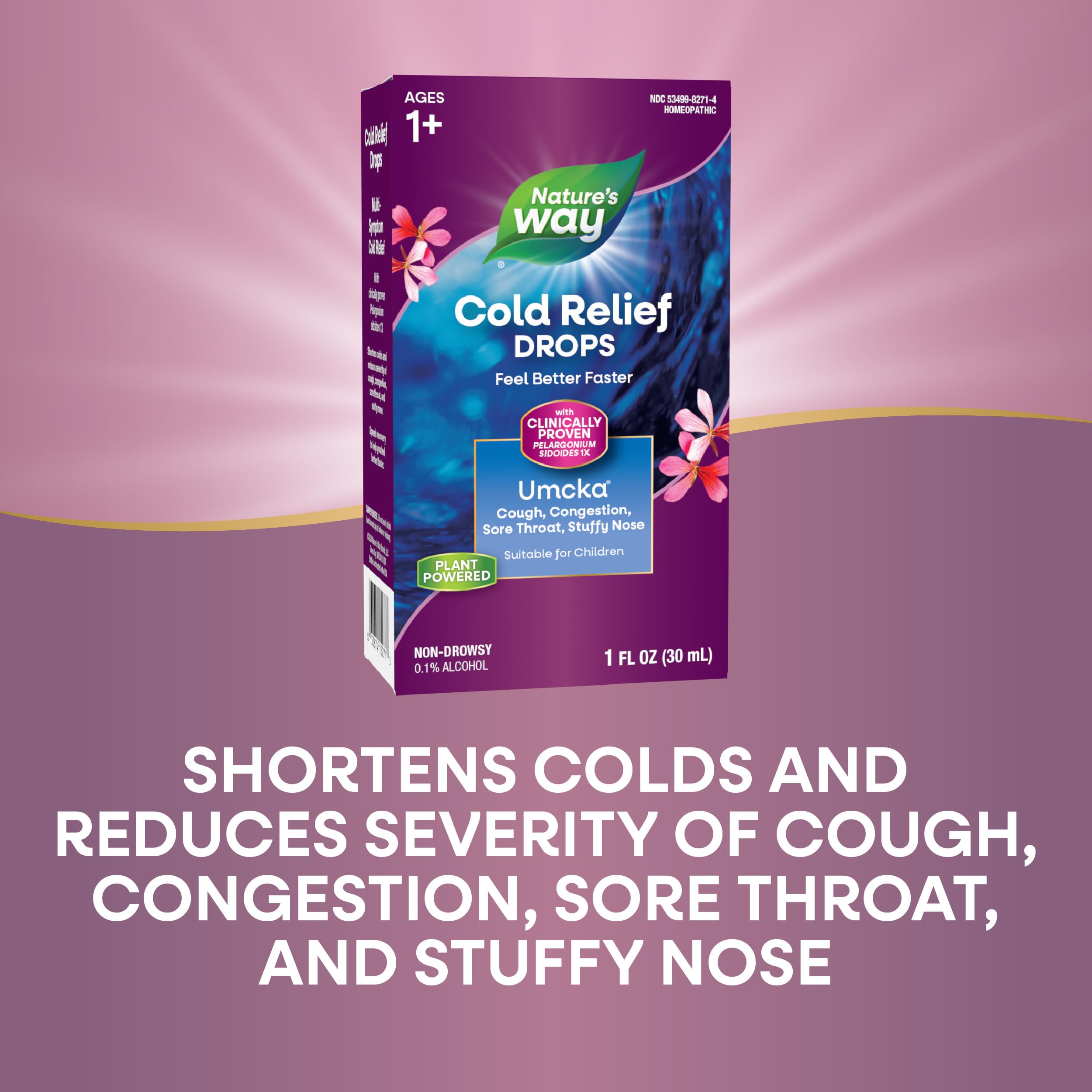 Nature's Way Cold Relief Drops, Umcka, Feel Better Faster, Multi-Symptom Cold Relief, Homeopathic, Shortens Sore Throat, Cough and Congestion, Non-Drowsy, 1 Fl Oz (Packaging May Vary)