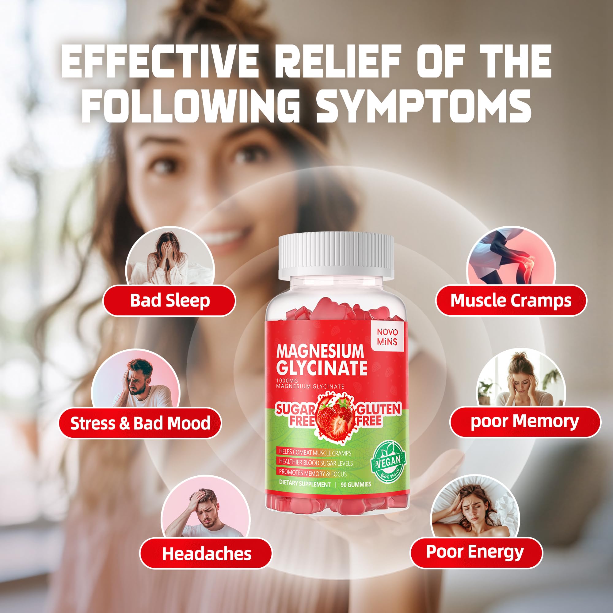 90 CT Magnesium Glycinate Gummies - Sugar Free Magnesium Potassium Supplement with Vitamin D, B6, CoQ10 for Calm Mood & Sleep Support - 90 Strawberry Gummies