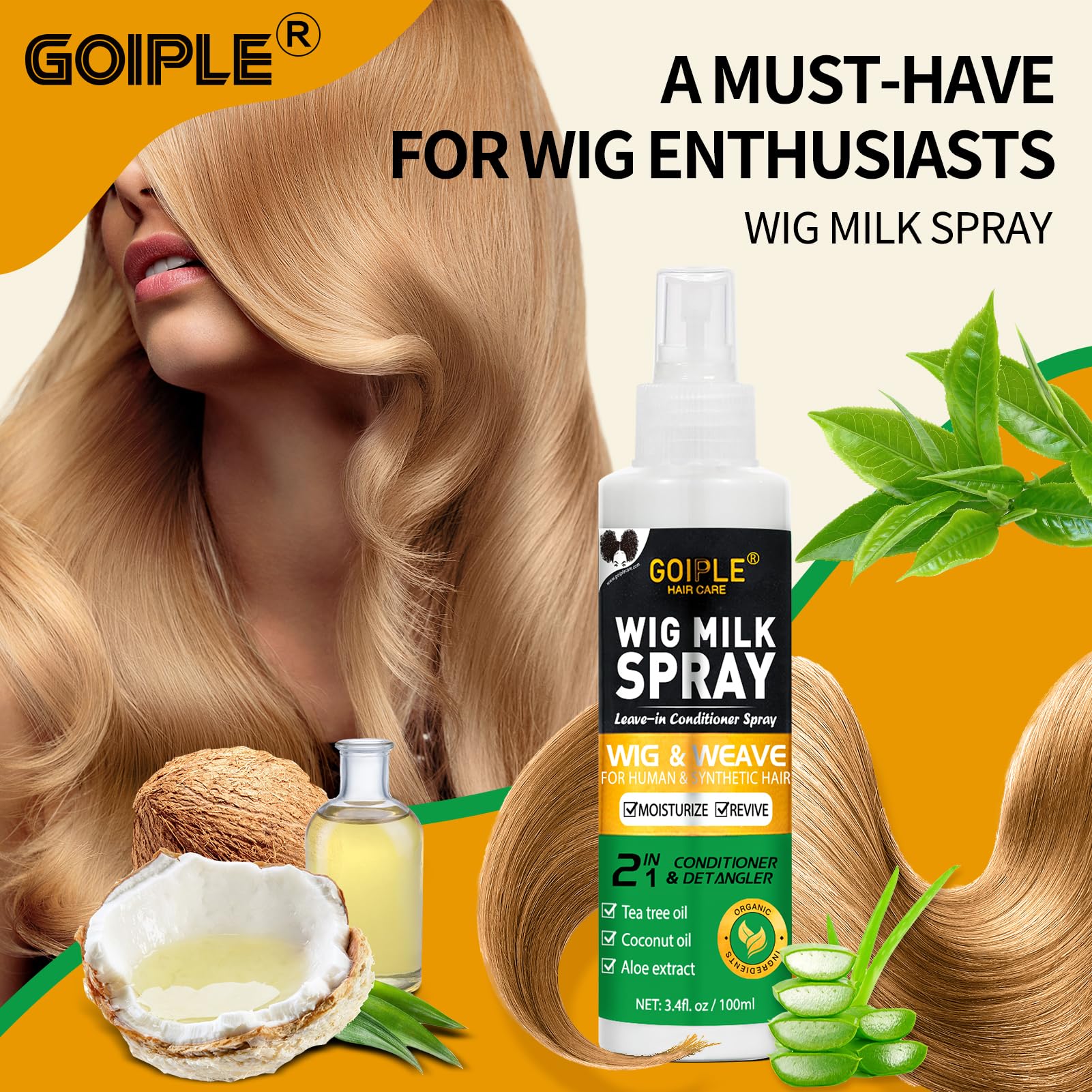 Wig Milk Spray Wig Spray for Synthetic Hair, Leave-In Conditioner Spray for Hair Wigs, Conditioner & Detangler 2 in 1 Moisturize Spray, Hydrates & Replenishes Synthetic Wigs Easy Combing (3.4 fl oz)