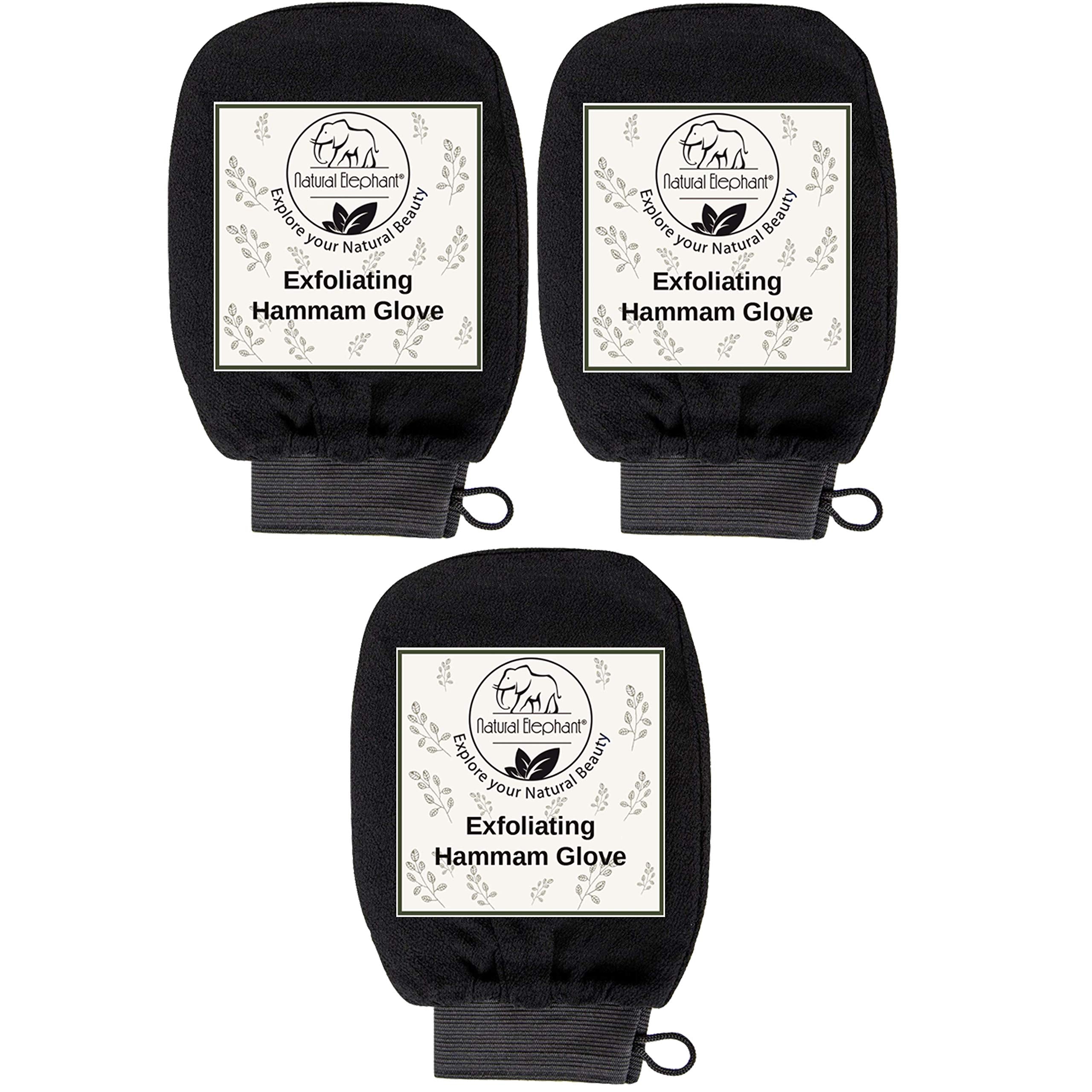 Natural Elephant Exfoliating Hammam Glove - Face and Body Exfoliator Mitt (Pure Black (Pack of 3))