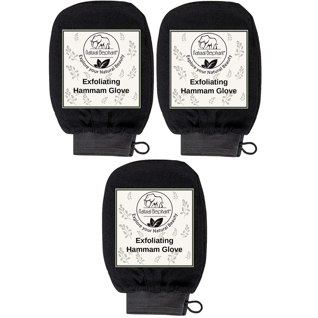 Natural Elephant Exfoliating Hammam Glove - Face and Body Exfoliator Mitt (Pure Black (Pack of 3))