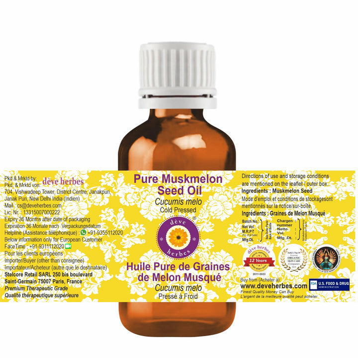 Deve Herbes Pure Muskmelon Seed Oil (Cucumis melo) 100% Natural Therapeutic Grade Cold Pressed 50ml (Pack of 1) (1.69 oz)