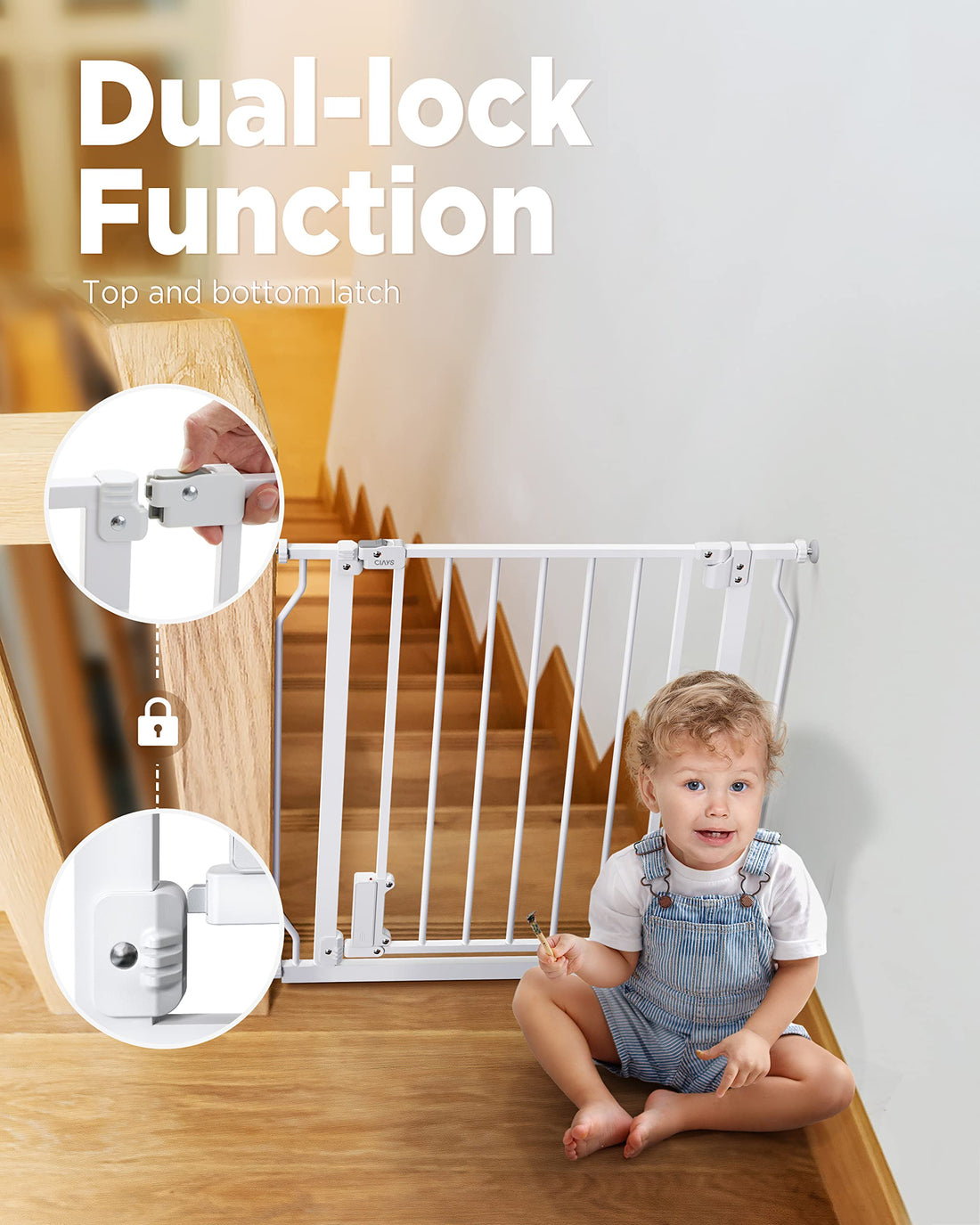 Ciays Baby Gate 29.5” to 37.4”, 30-in Height Extra Wide Dog Gate for Stairs, Doorways and House, Auto-Close Safety Metal Pet Gate for Dogs with Alarm, Pressure Mounted, White