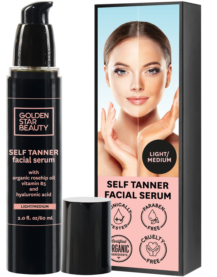Self Tanner For Face Anti Aging Sunless Tanning Serum w/Hyaluronic Acid Organic Oils & Vitamin B5 - Non Comedogenic Facial Bronzer Fake Tan Moisturizer For Natural Sunkissed Glow - 2.0 fl.oz.