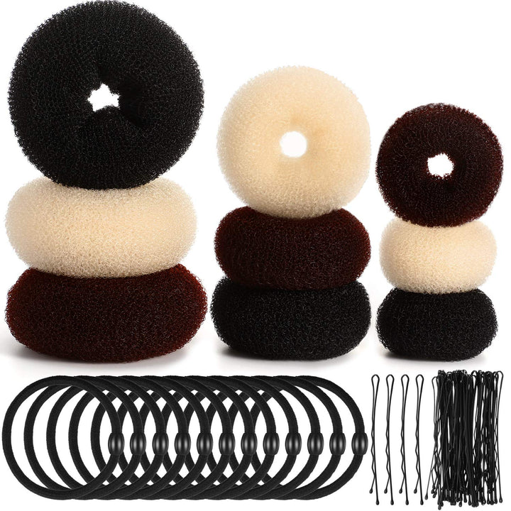 9 Pieces Donut Hair Bun Maker Shaper Foam Sponge Doughnut Bun Ring Style Set with 12 Pieces Hair Elastic Bands Ties and 32 Pieces Hair Bobby Pins for Women Girls Kids (Black, Brown, Beige)