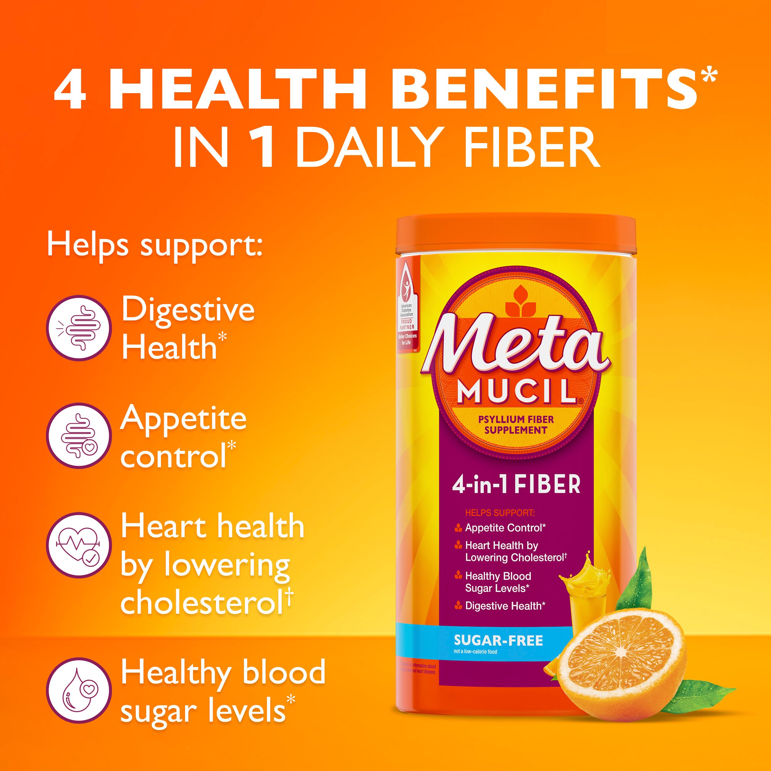 Metamucil 4 in 1 Daily Fiber Supplement Powder, Fiber Powder for Digestive Health and Regularity*, Sugar-Free, Orange, Naturally Sourced Psyllium Fiber, 180 teaspoons