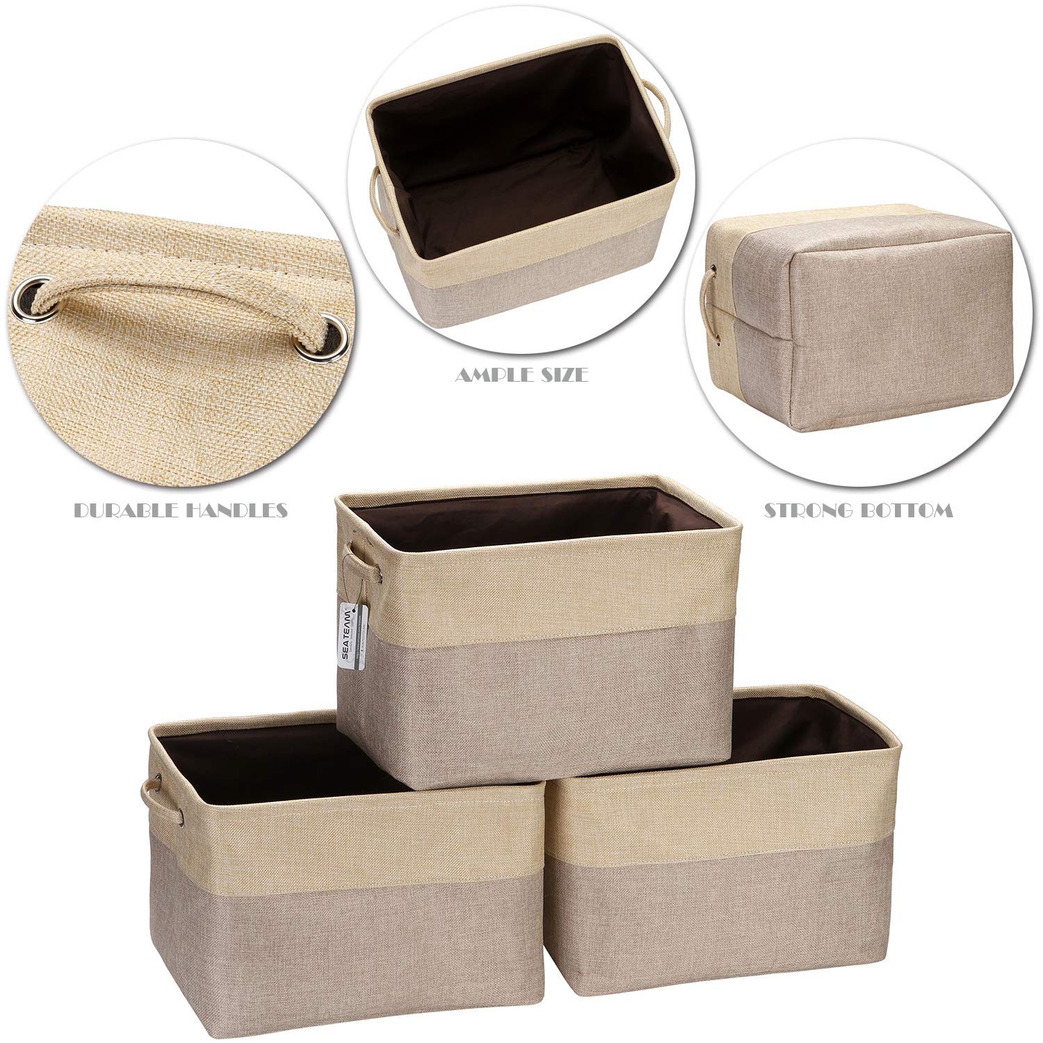 Sea Team 3-Pack Large Storage Basket Set, Trunk Organizer, Clothes Toys Bin, 15 x 10 x 10 Inches, Big Rectangular Canvas Fabric Collapsible Shelf Box with Handles for Kids Room (Tan/Beige)