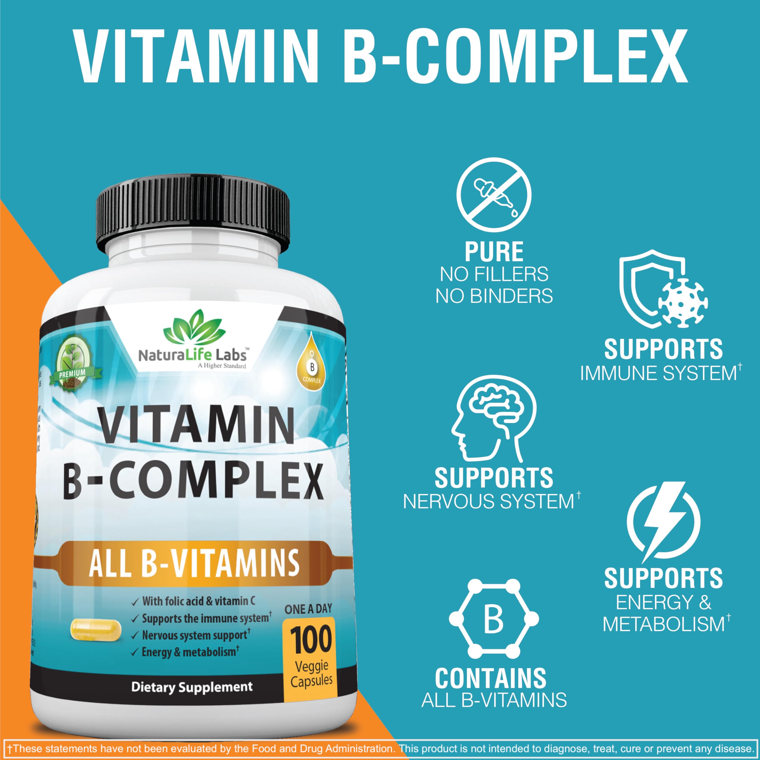 NaturaLife Labs A Higher Standard Vitamin B Complex with Vitamin C and Folic Acid - B12, B1, B2, B3, Vitamin B5 Pantothenic Acid, B6, B7, B9 - Nervous System Support 100 Veggie Capsules
