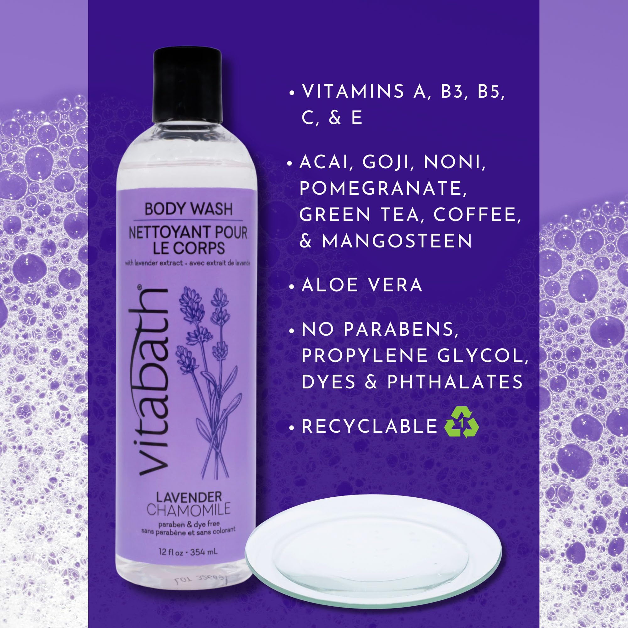 Vitabath Lavender Chamomile Body Wash Moisturizing Bath & Shower Cleanser Infused with Vanilla - Skin-Softening Aromatherapy - Cruelty-Free, Paraben-Free - 10 oz